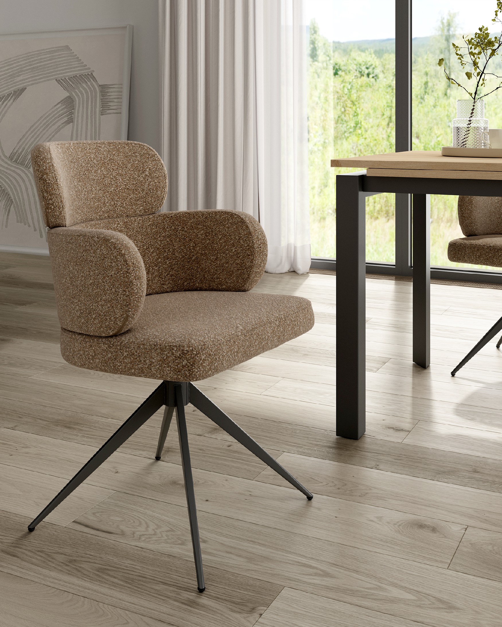 Siena chair 360º swivel with brown upholstery and black metal legs