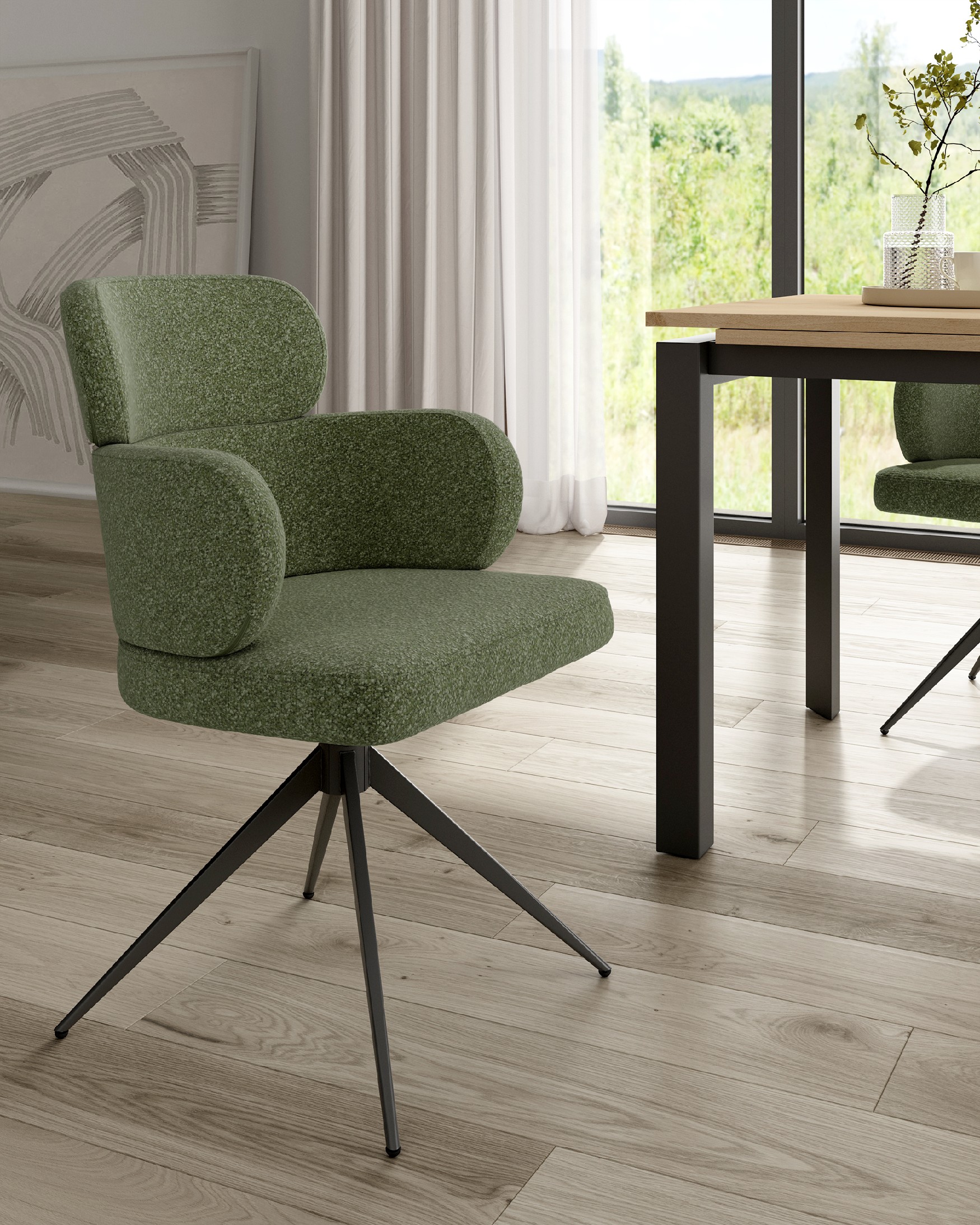 Silla Siena giratoria 360º con tapizado verde y patas metálicas negras