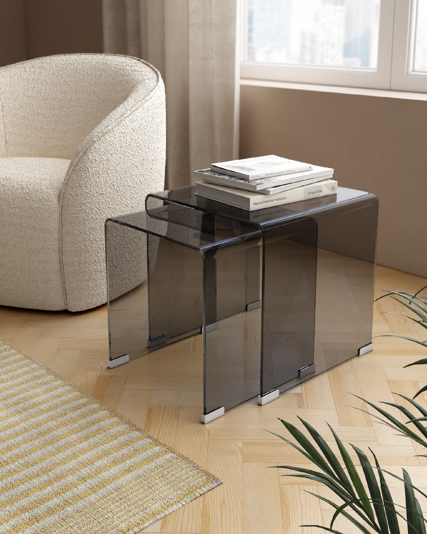 Set of 2 Sofis side tables with tempered graphite glass (8 mm) 49 x 49 cm / 36 x 36 cm