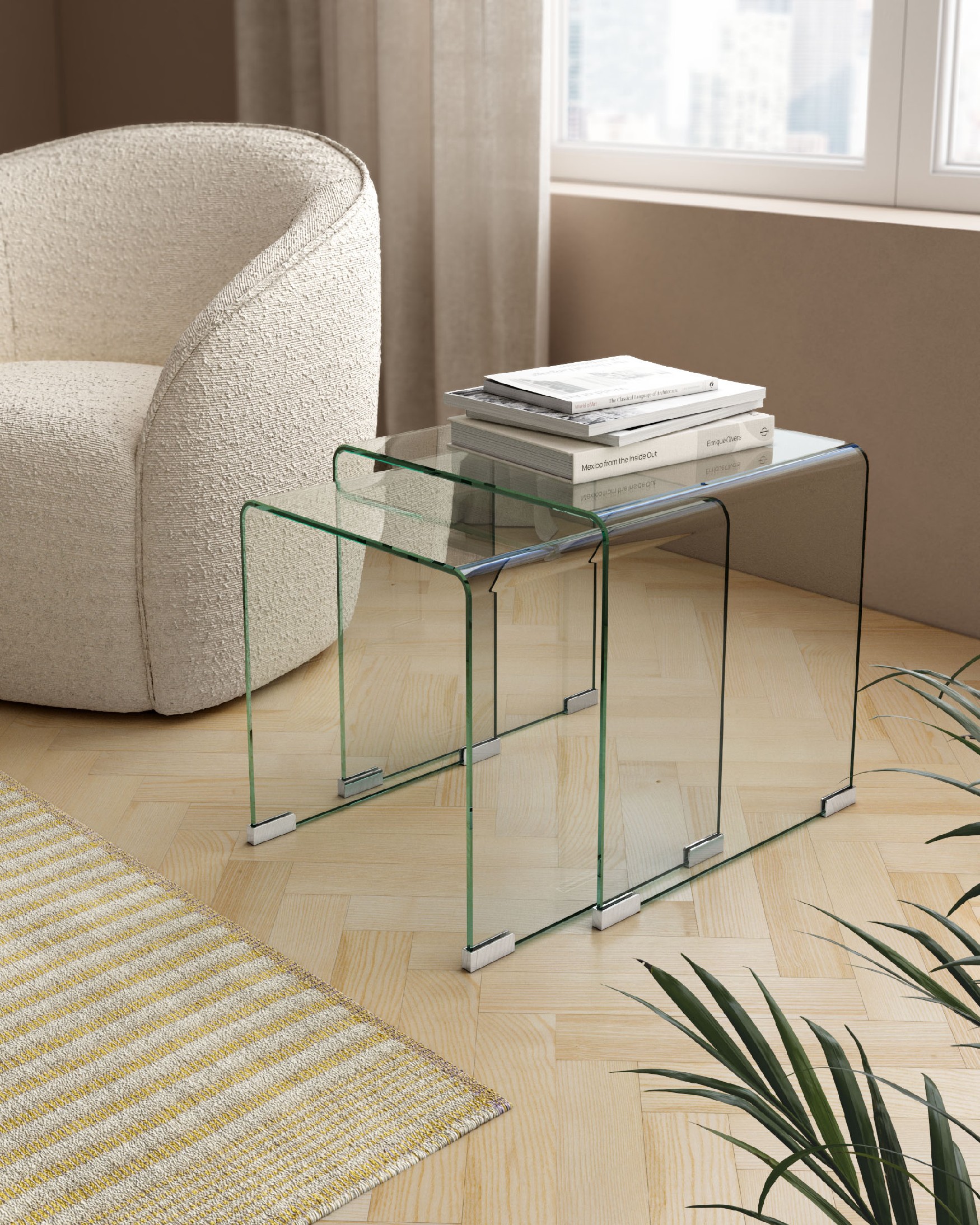 Juego de 2 mesas auxiliares Sofis de cristal templado transparente (8 mm) 49 x 49 cm/ 36 x 36 cm