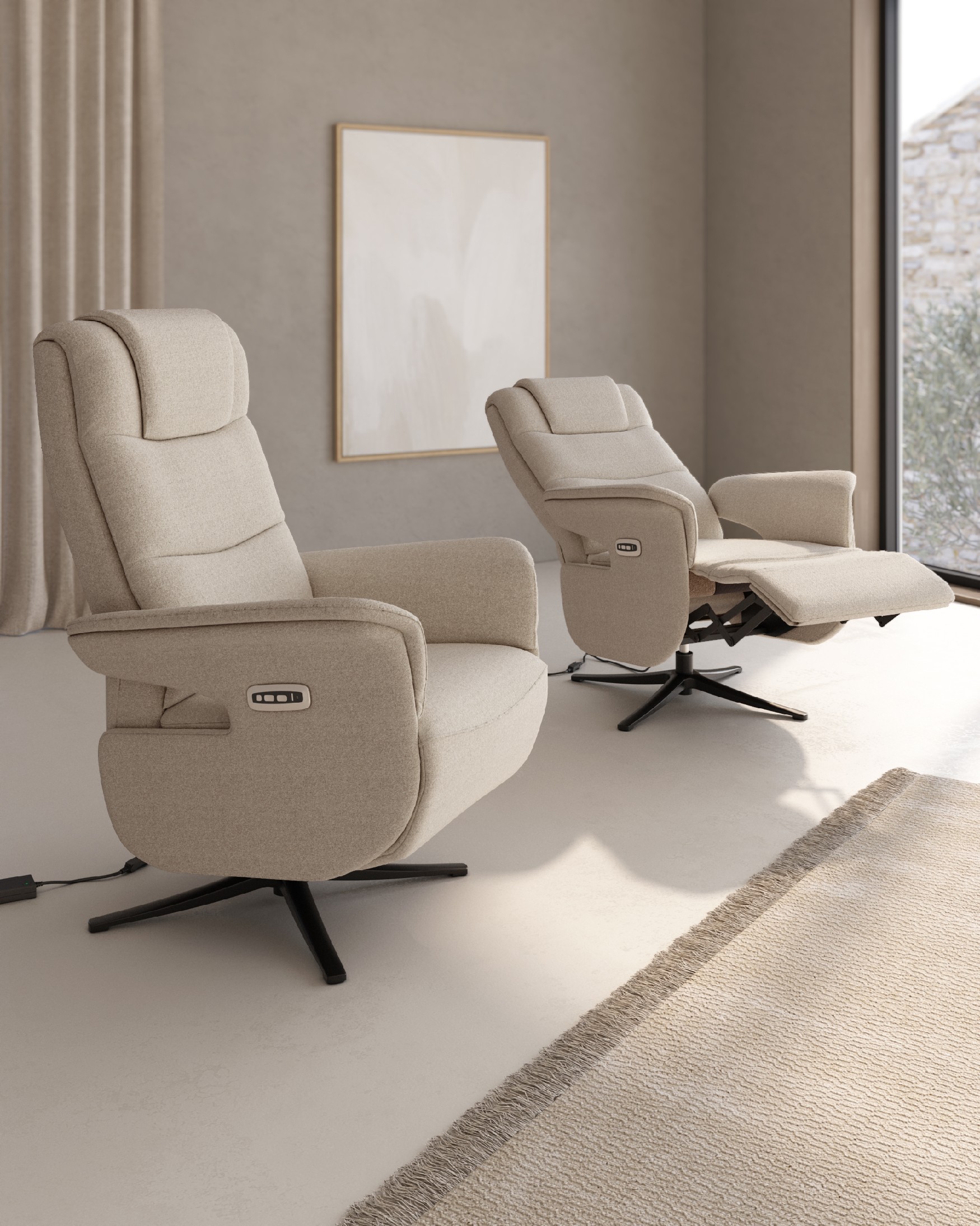 Talia electric reclining swivel armchair with sand upholstery and black metal base (2 motors)