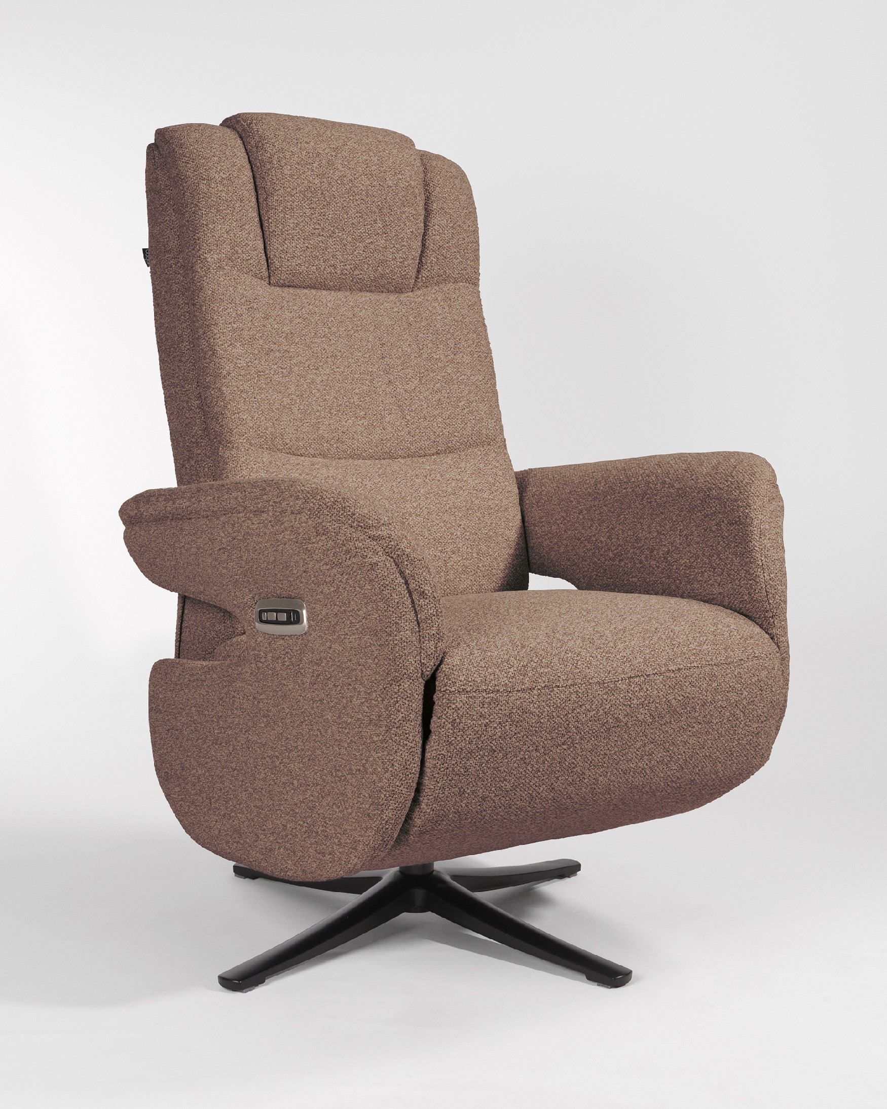 Talia electric swivel recliner with brown upholstery and black metal base (2 motors)