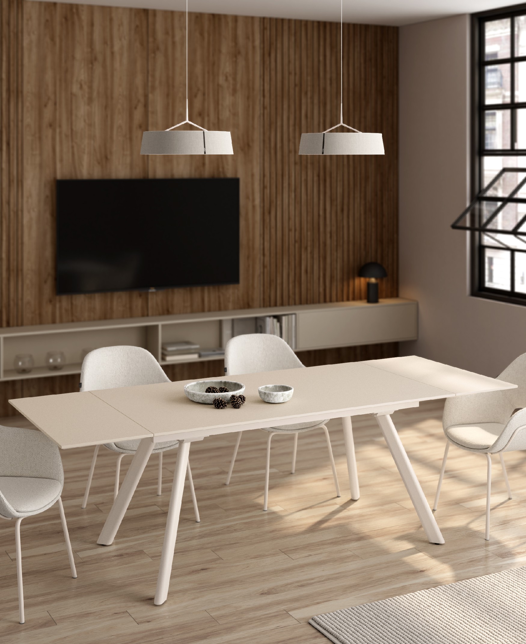 Table Tasman extensible avec finition porcelaine sable et structure métallique ivoire 160/240 x 90 cm