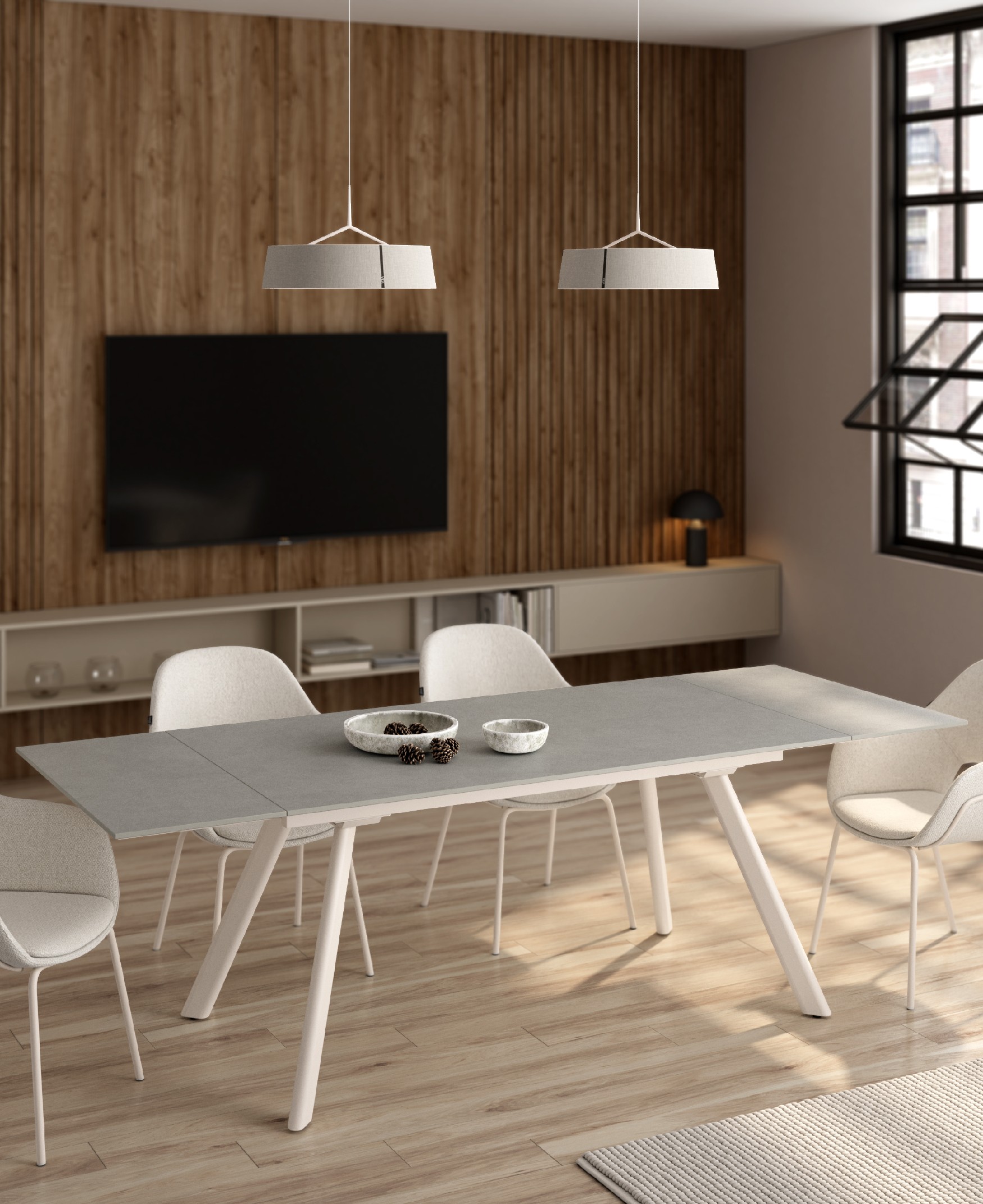 Tasman extensible table with porcelain finish Porland and ivory metal structure 160/240 x 90 cm