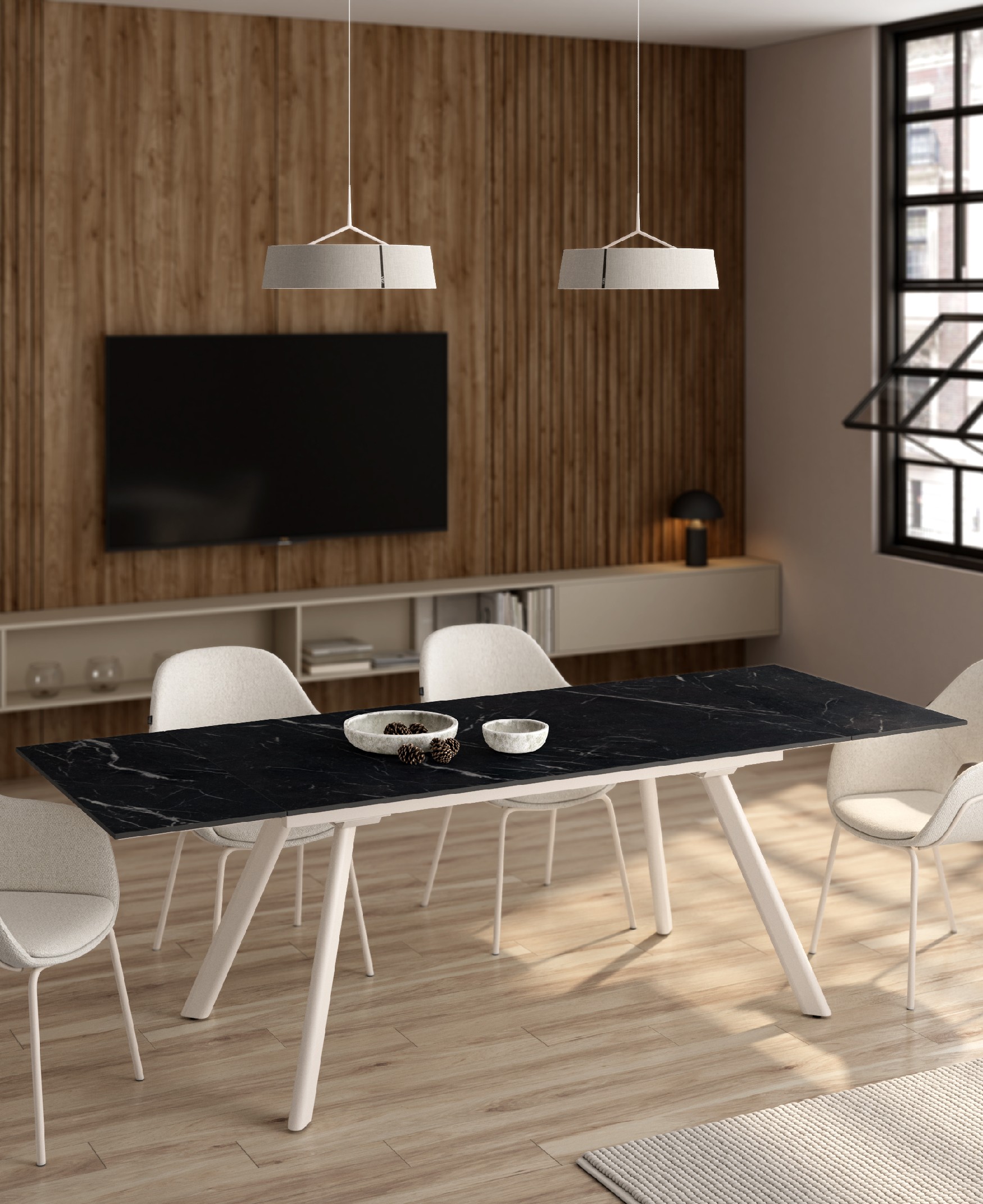 Mesa Tasman extensible con acabado porcelánico marquina y estructura metálica marfil 160/240 x 90 cm