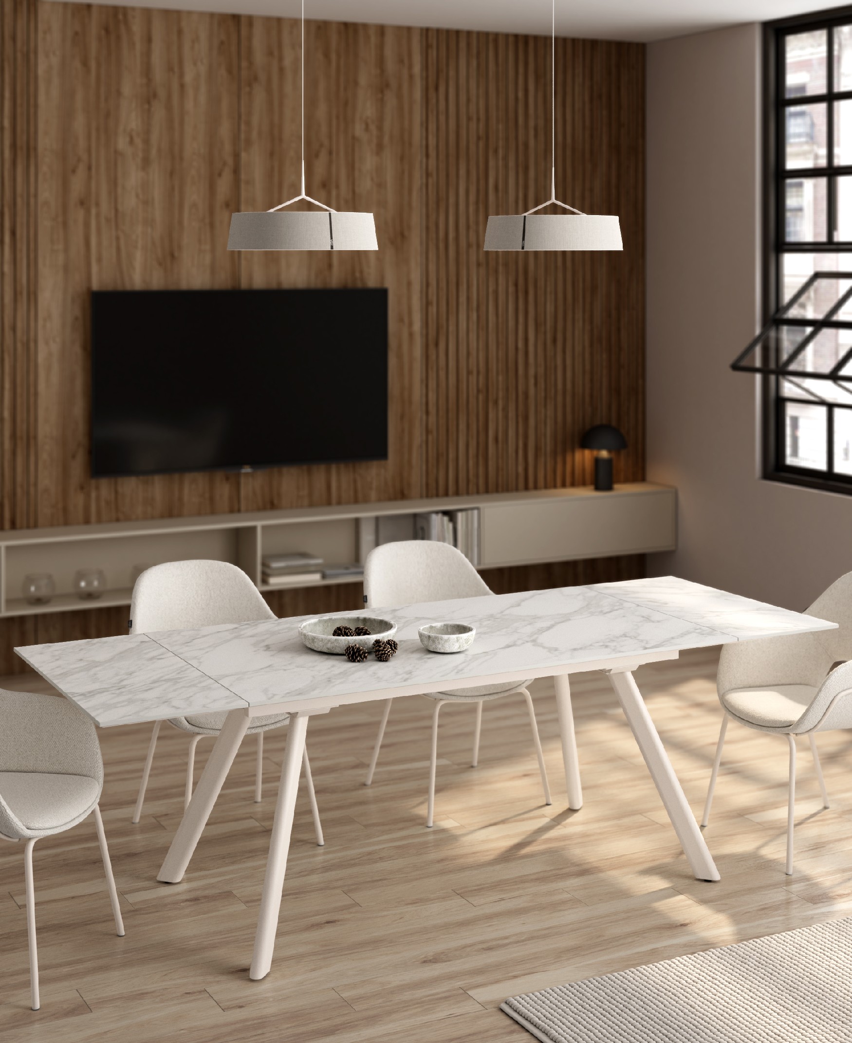 Table Tasman extensible avec finition porcelaine carrara et structure métallique ivoire 160/240 x 90 cm