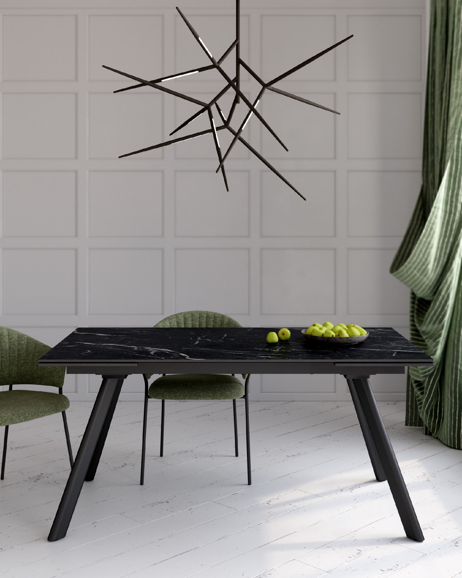 Table Tasman extensible avec finition porcelaine marquina et structure métallique noire 160/240 x 90 cm