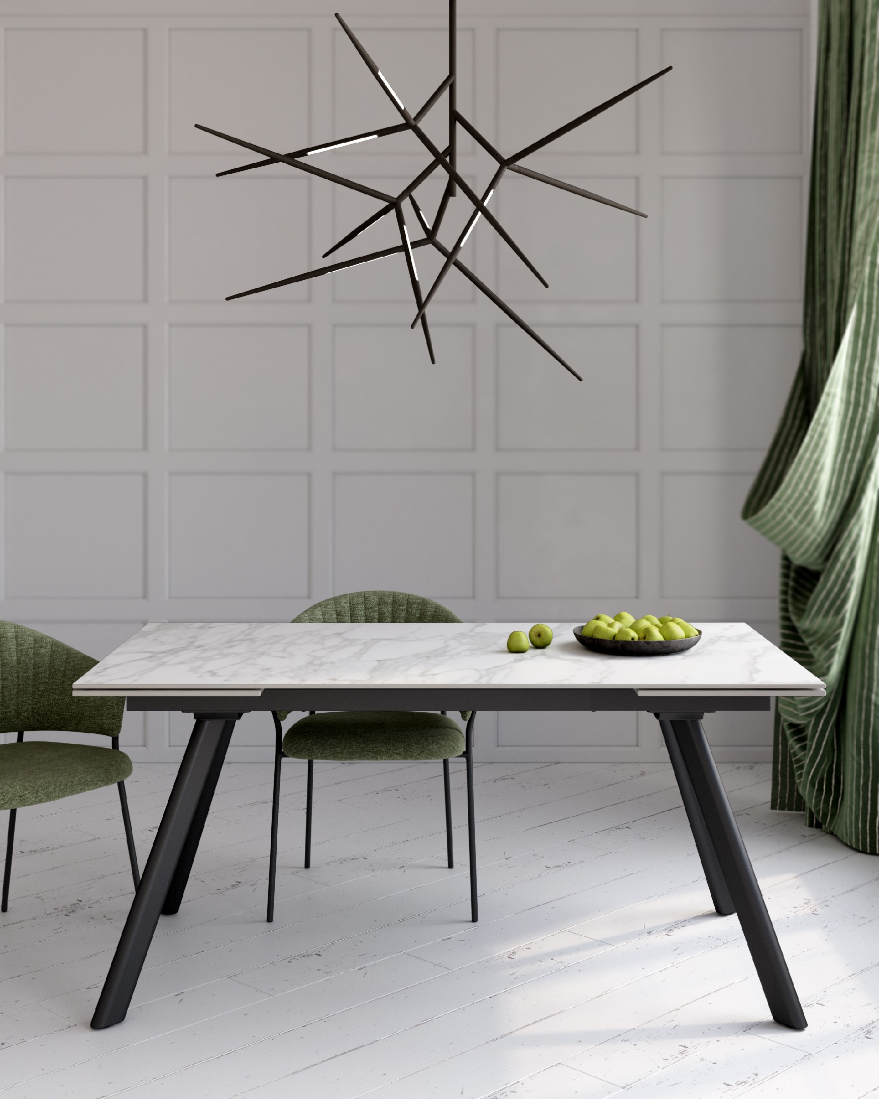 Table Tasman extensible avec finition porcelaine carrara et structure métallique noire 160/240 x 90 cm