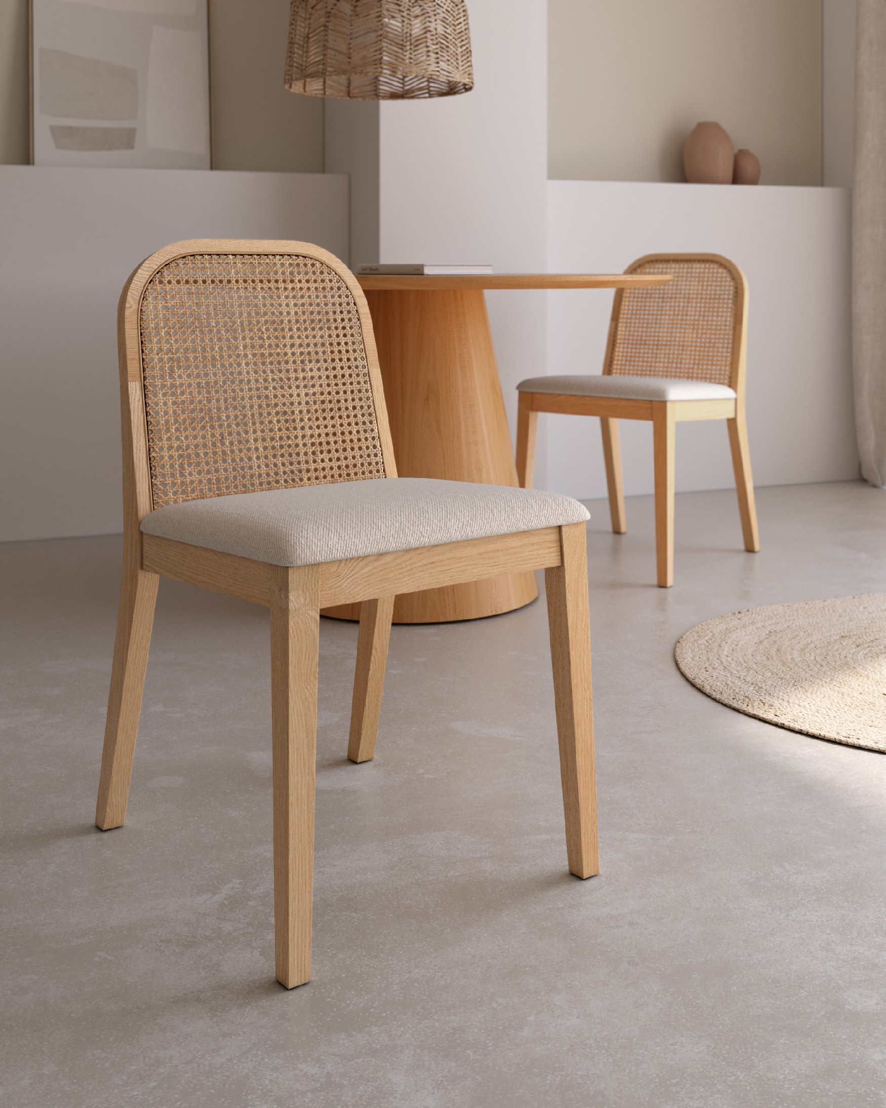 Silla Tilia de ratán, fresno natural y tápizado nácar