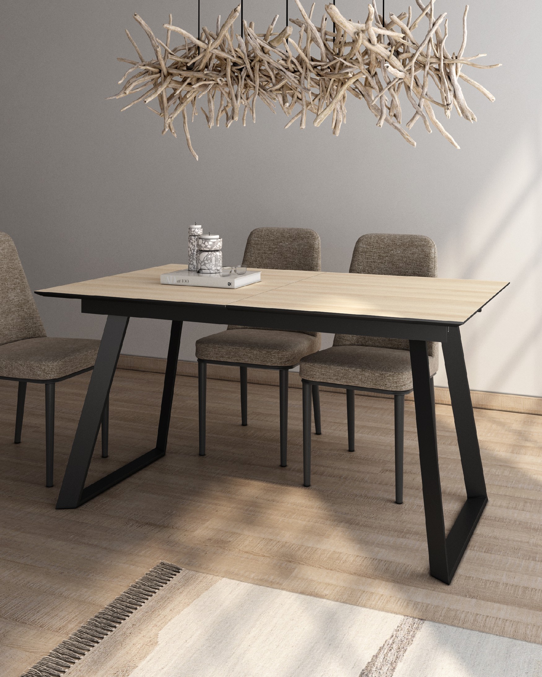 Mesa Timor extensible con sobre de melamina olmo y pata metálica negra 160(200) x 90 cm