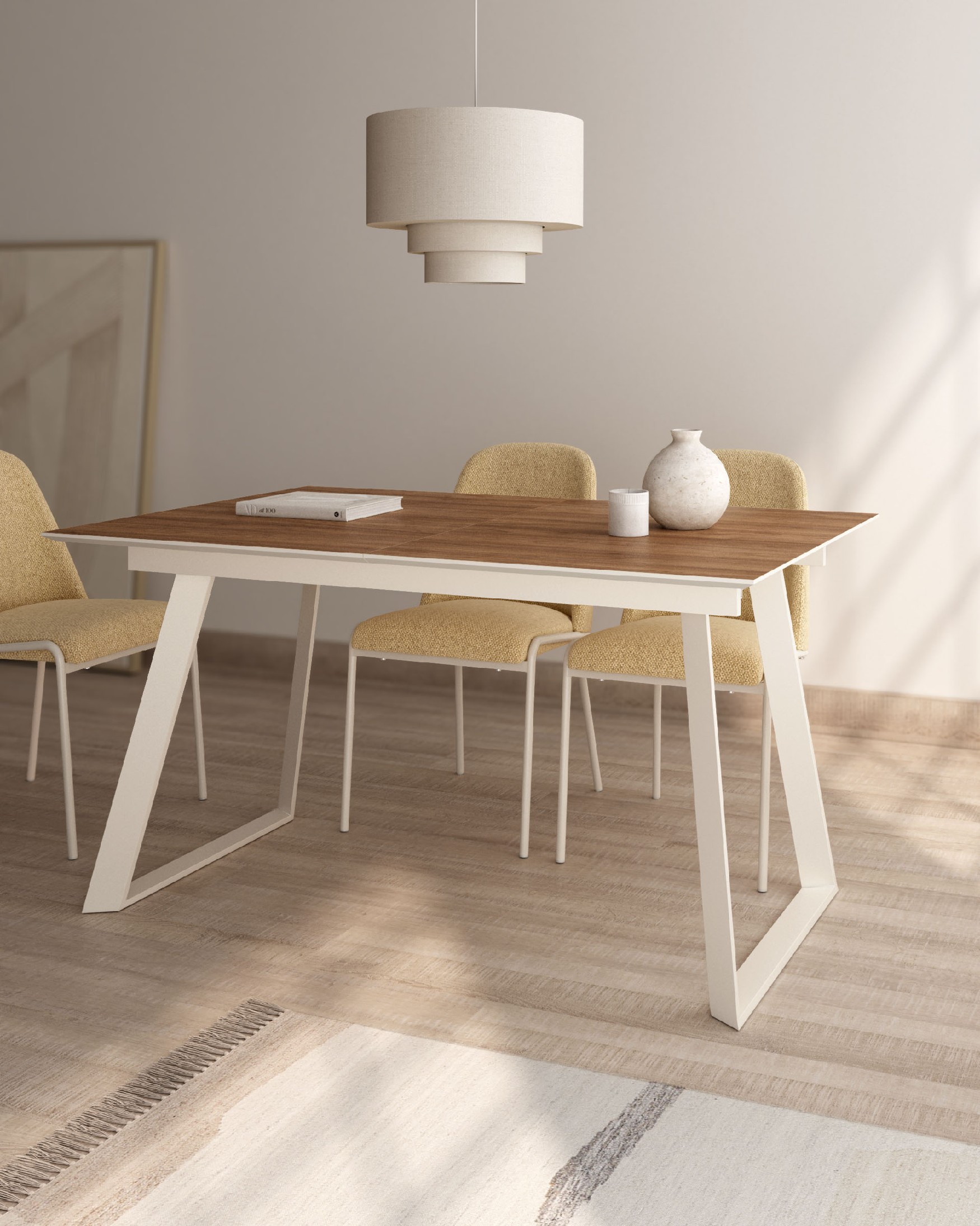 Mesa Timor extensible con sobre de melamina java y pata metálica marfil 140(180) x 90 cm