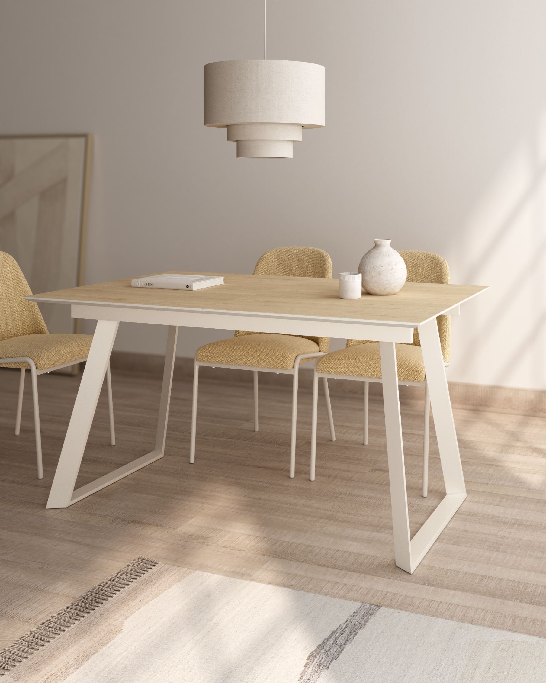 Timor extendable table with natural oak melamine top and ivory metal leg 140(180) x 90 cm