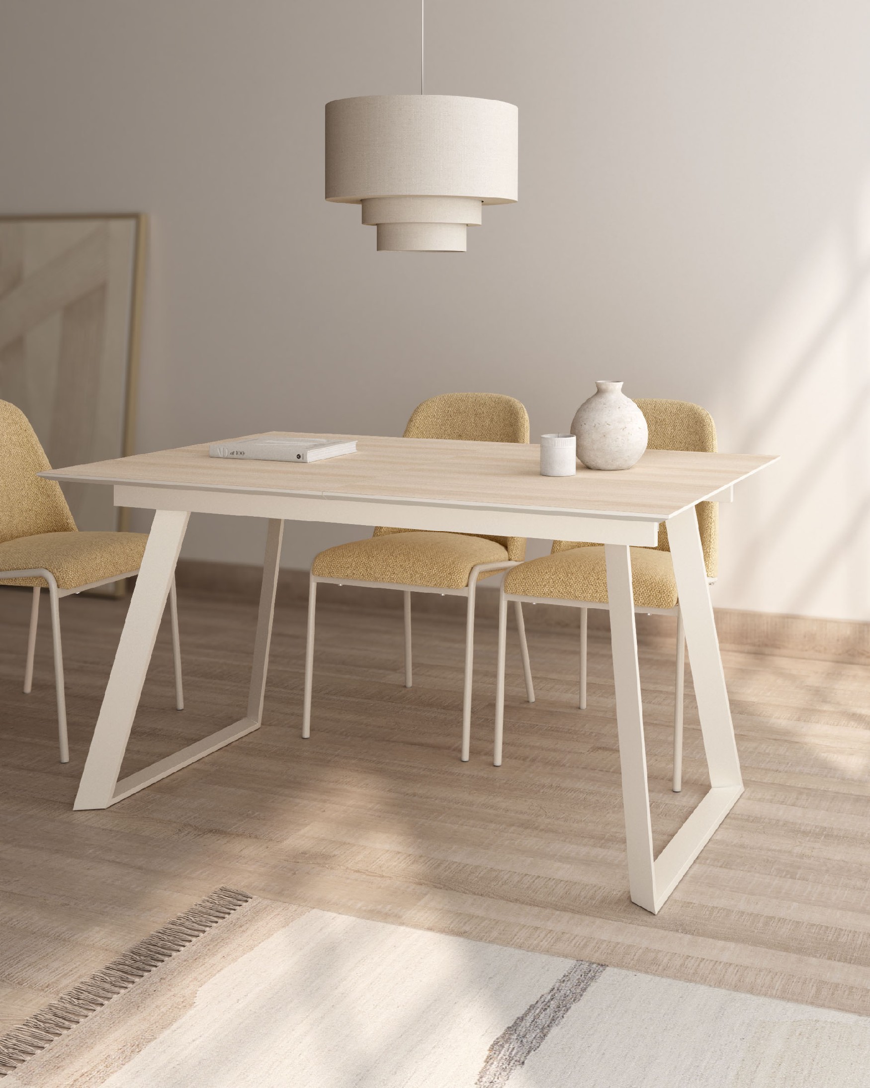Table extensible Timor avec plateau en mélamine chêne et pied métallique ivoire 140(180) x 90 cm
