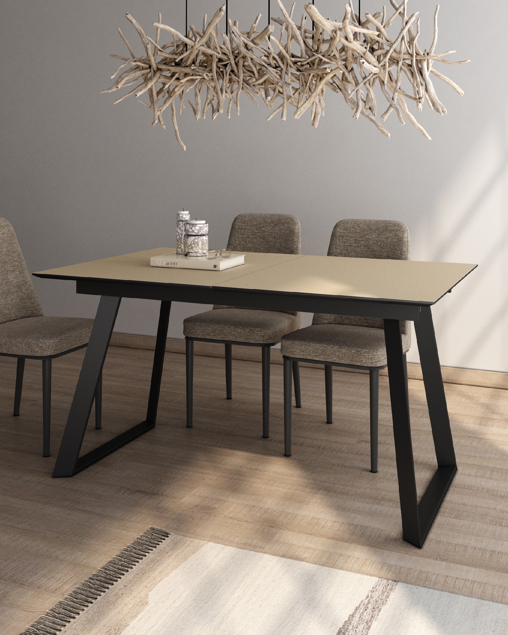 Timor extendable table with pearl MDF finish and black metal leg 140/180 x 90 cm
