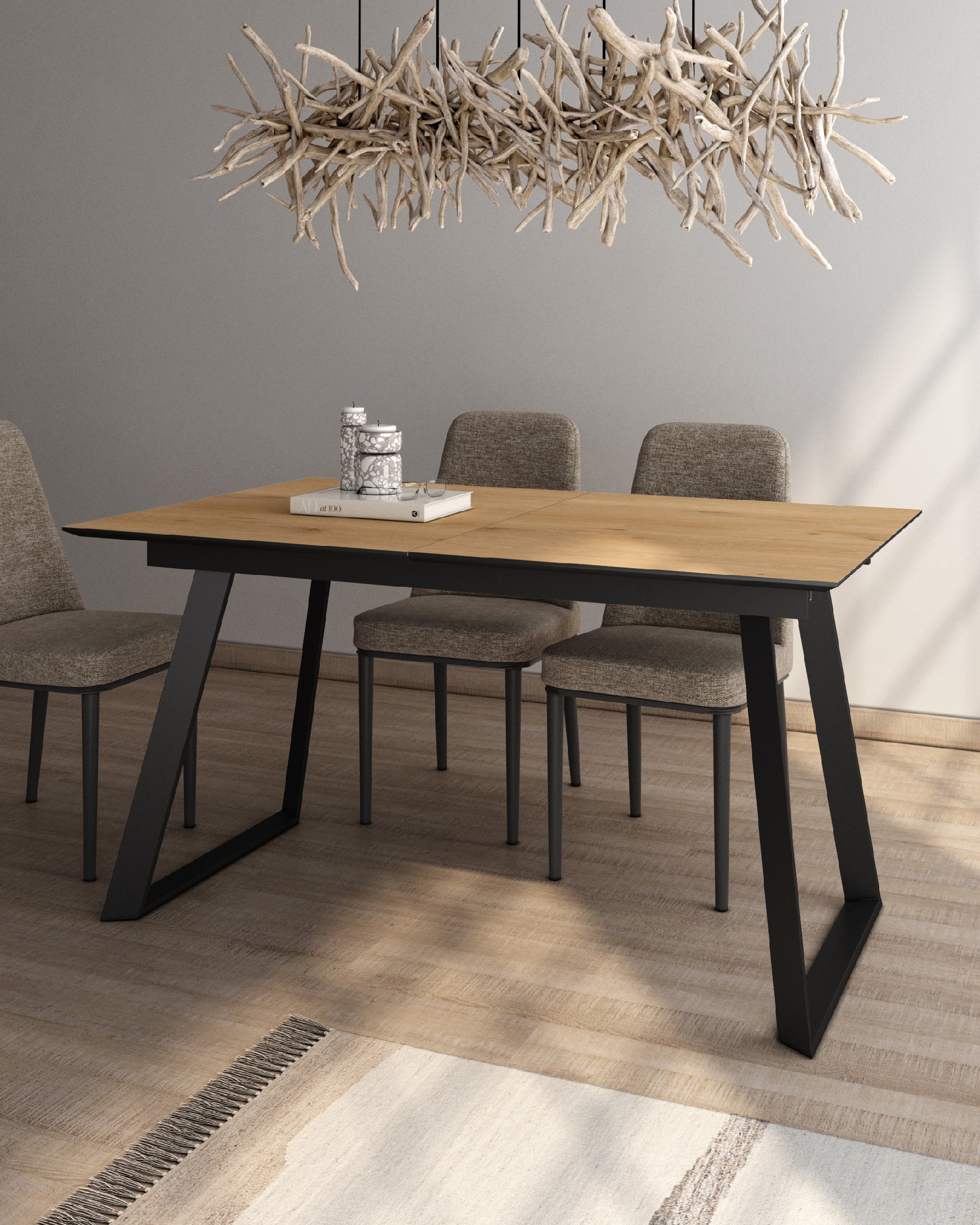 Mesa Timor extensible con acabado MDF madera roble y pata metálica negra  140/180 x 90 cm
