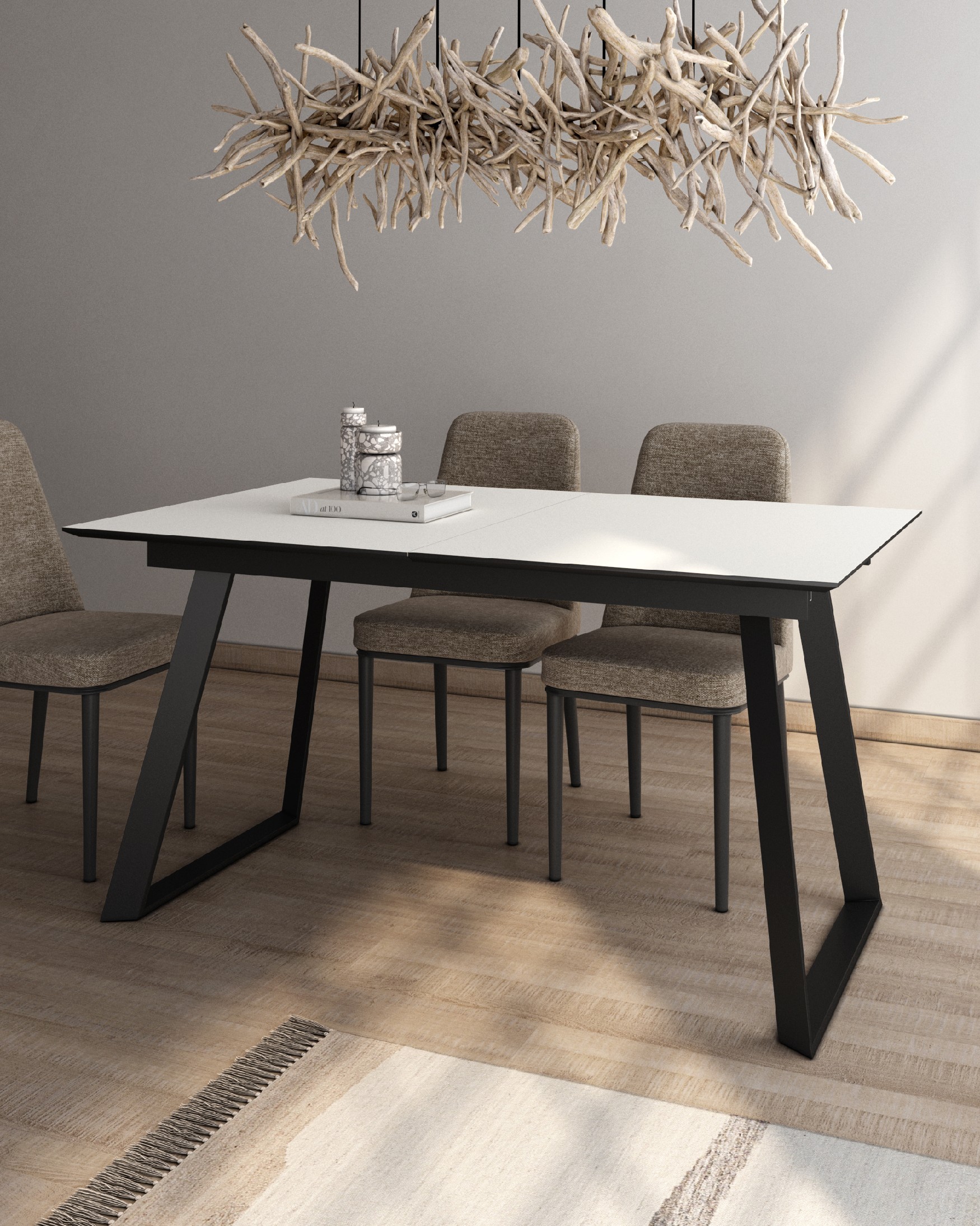 Timor extendable table with MDF soul-white wood finish and black metal leg 140/180 x 90 cm