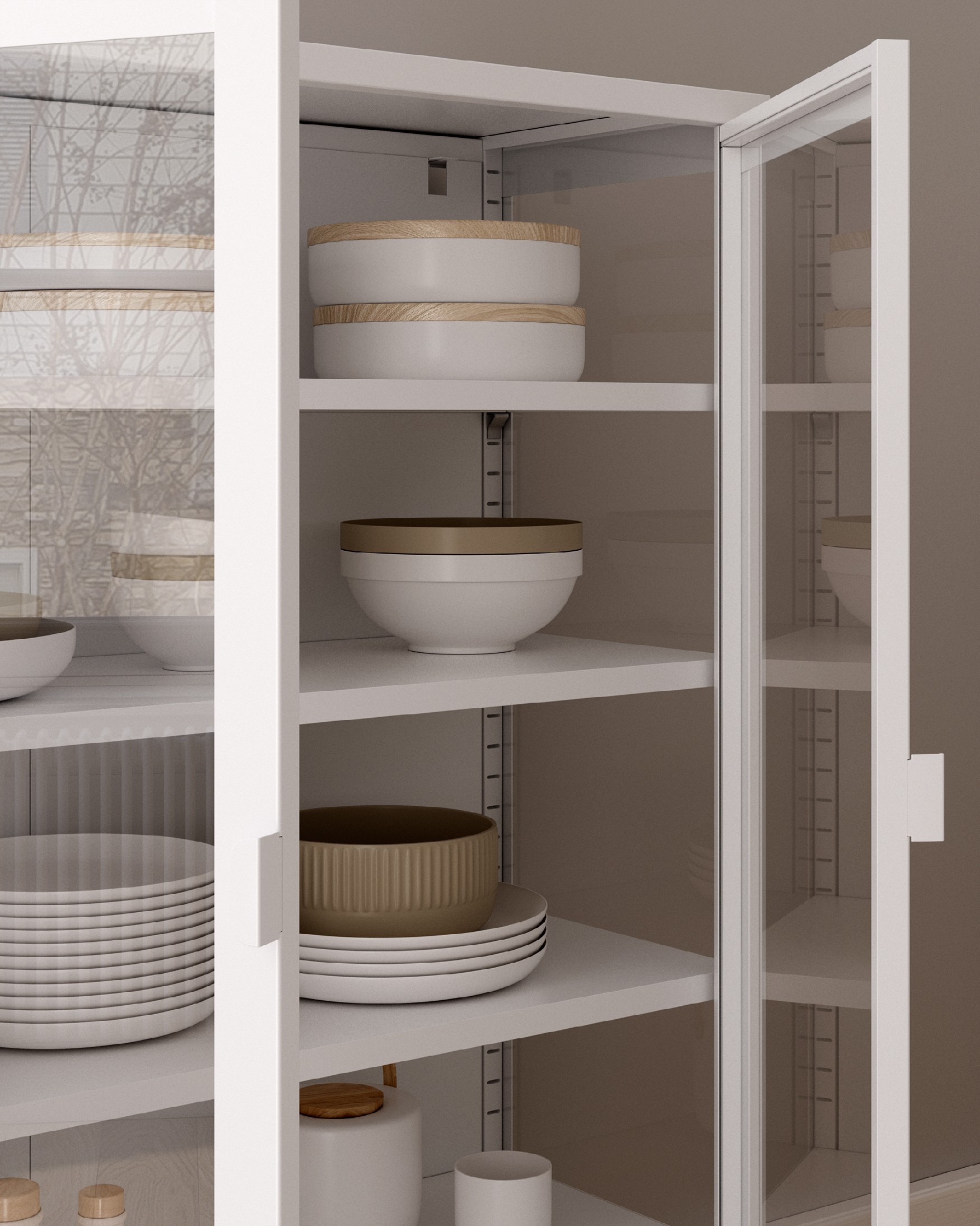 Titania metal display case with glass doors, cream lacquered, 90 x 110 x 35 cm