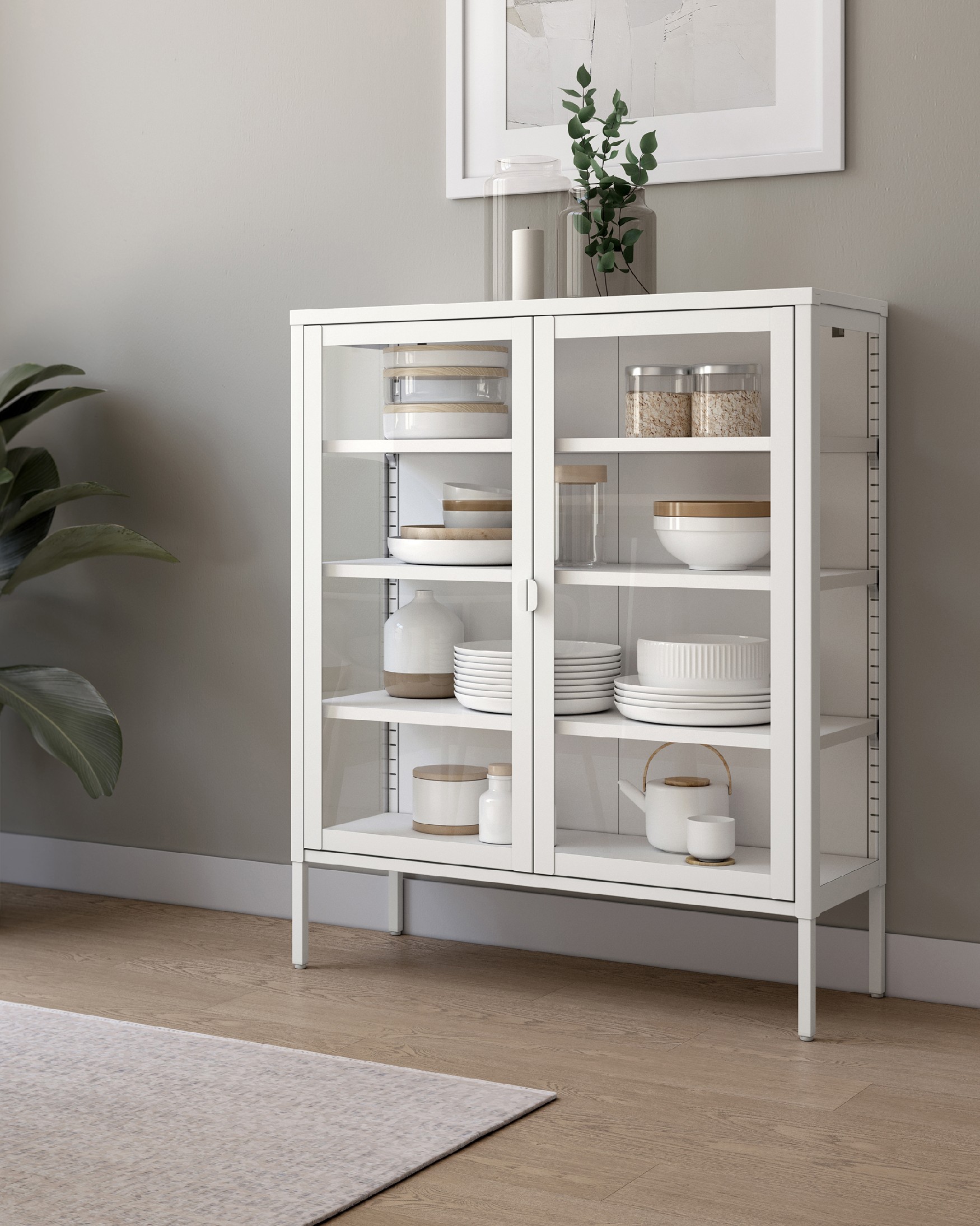 Titania metal display case with glass doors, cream lacquered, 90 x 110 x 35 cm