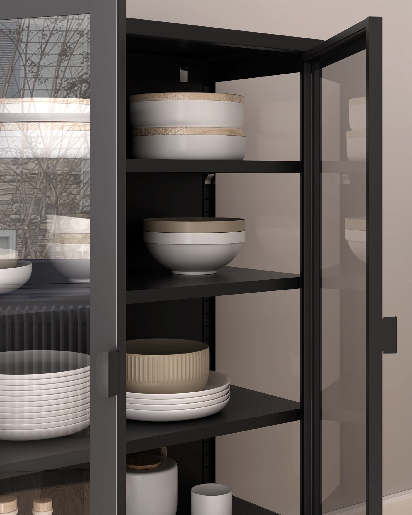 Titania metal display cabinet with glass doors, black lacquered, 90 x 110 x 35 cm