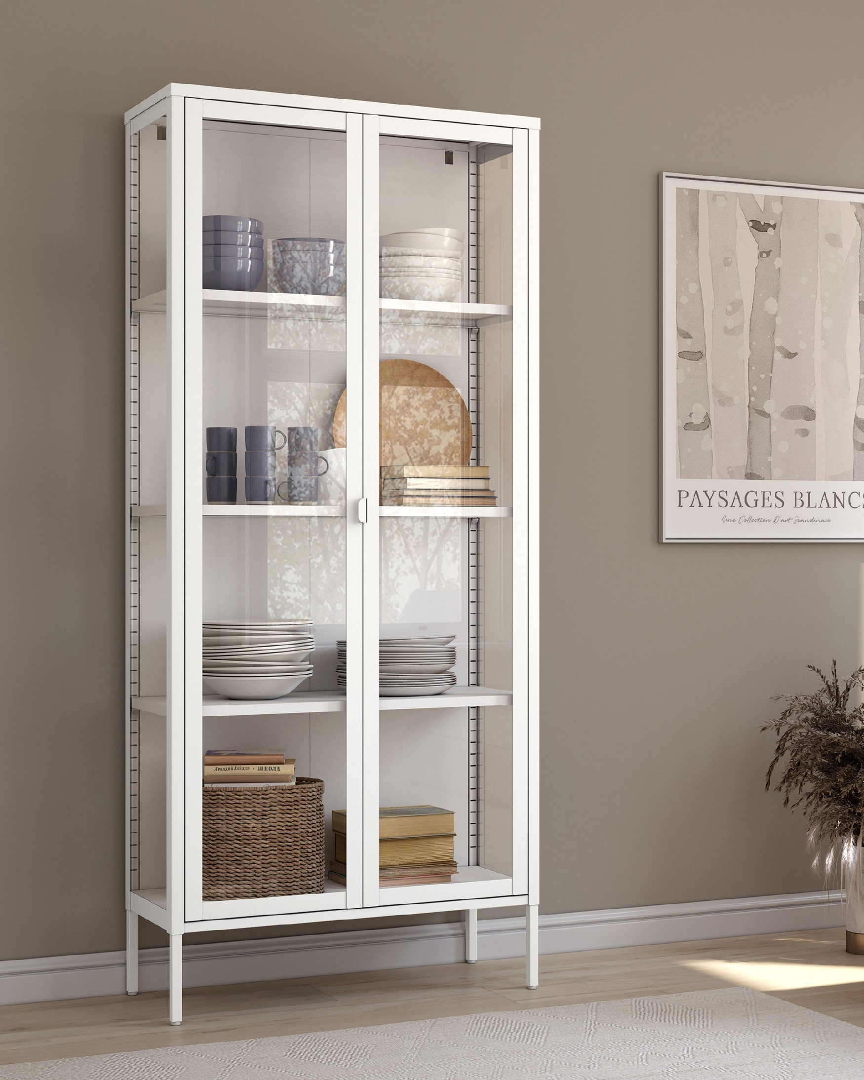 Titania metal display cabinet with glass doors, cream lacquered, 80 x 185 x 35 cm