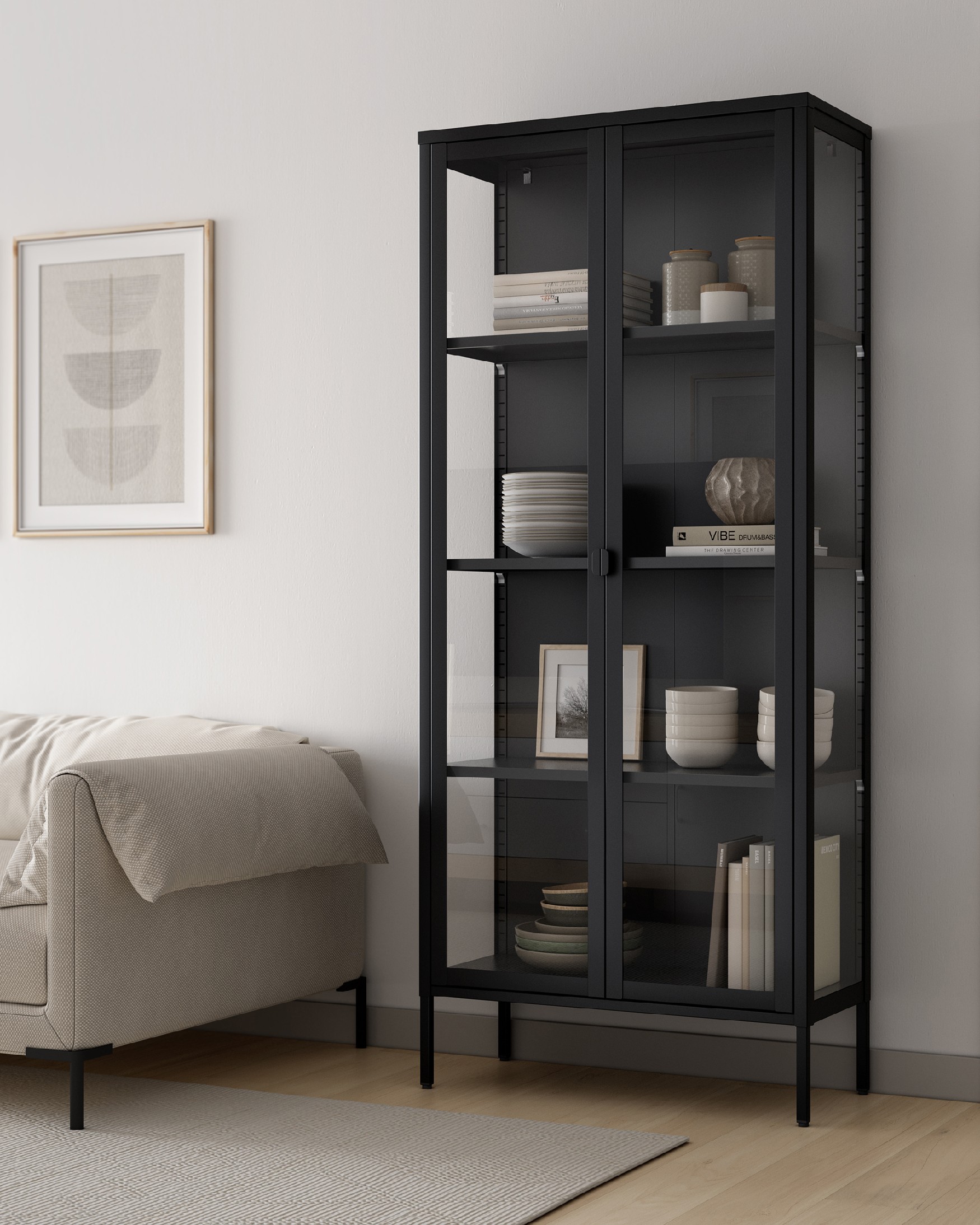 Titania metal display cabinet with glass doors, black lacquered 80 x 185 x 35 cm