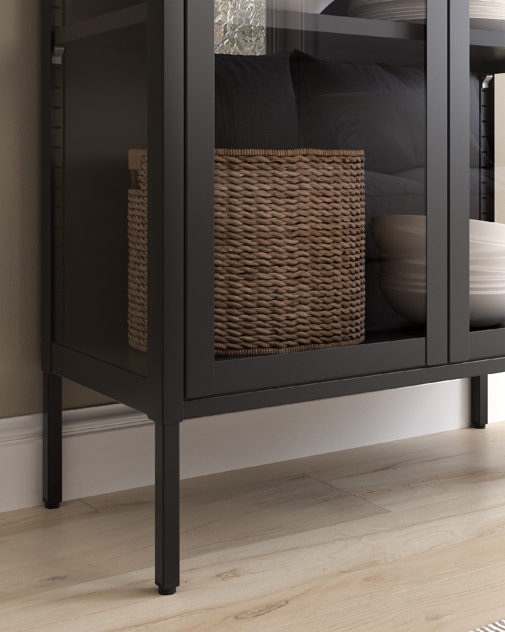 Titania metal display cabinet with glass doors, black lacquered 80 x 185 x 35 cm