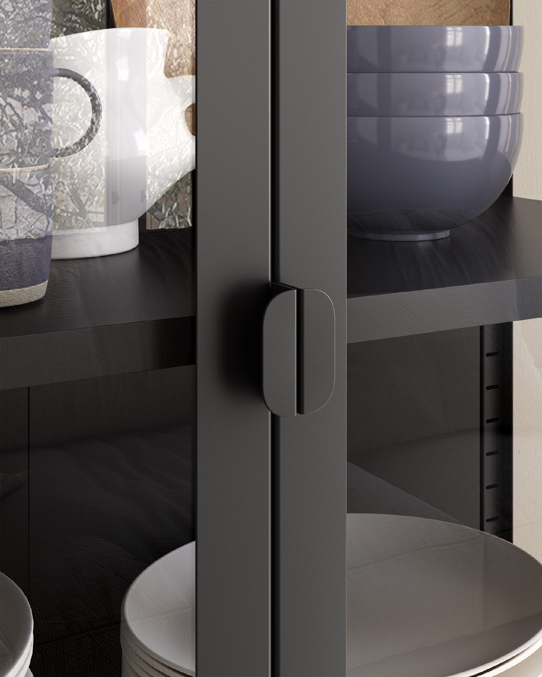 Titania metal display cabinet with glass doors, black lacquered 80 x 185 x 35 cm