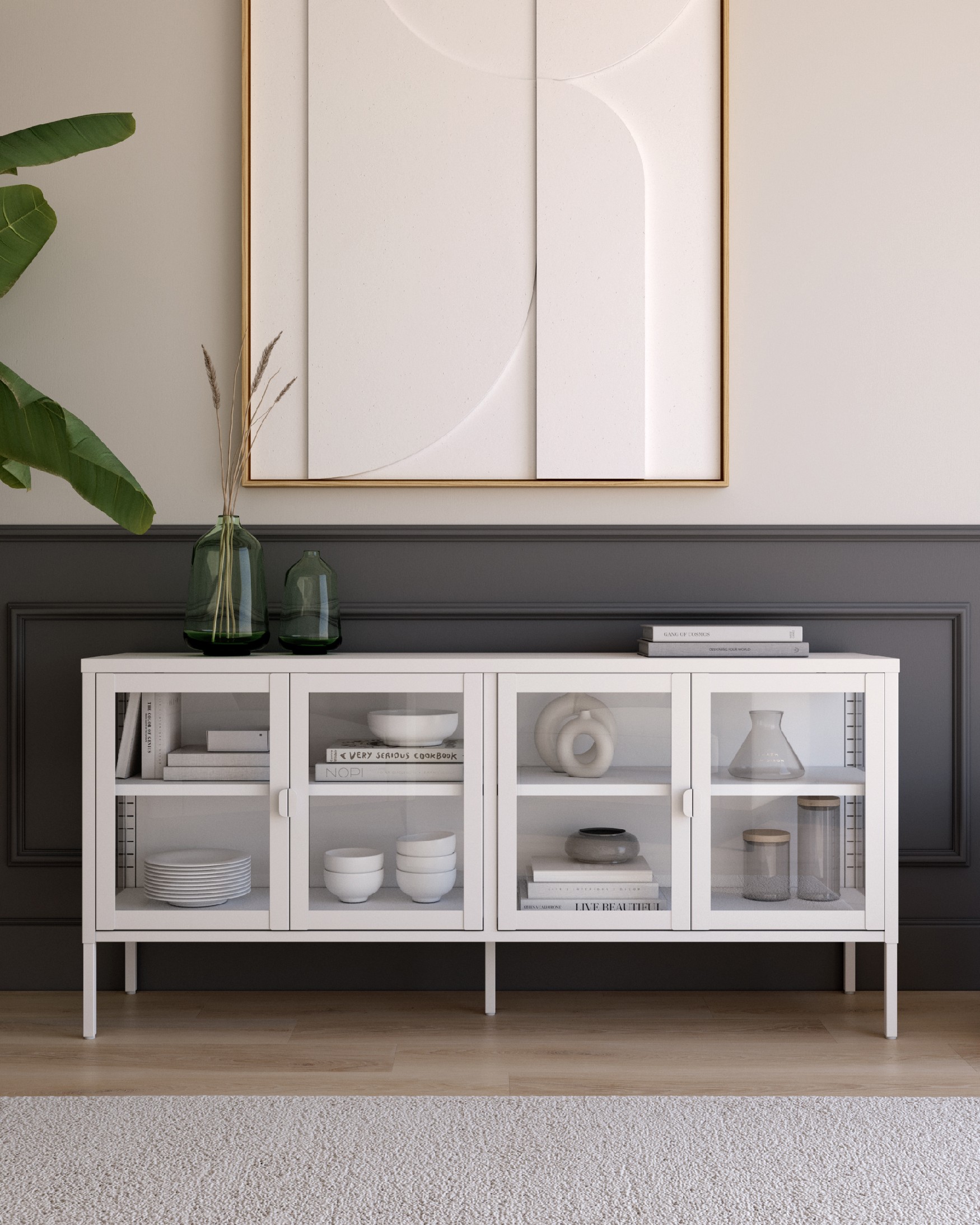 Titania metal display cabinet with 4 glass doors, cream lacquered, 150 x 70 x 35 cm