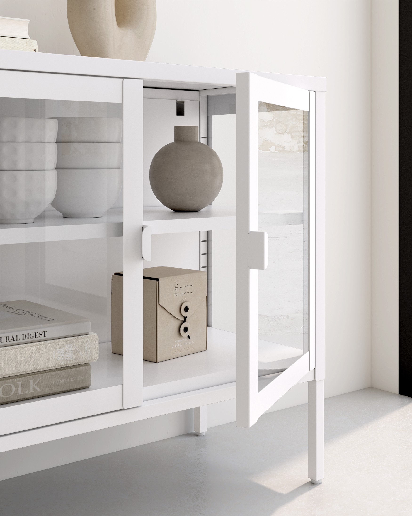 Titania metal display cabinet with 4 glass doors, cream lacquered, 150 x 70 x 35 cm