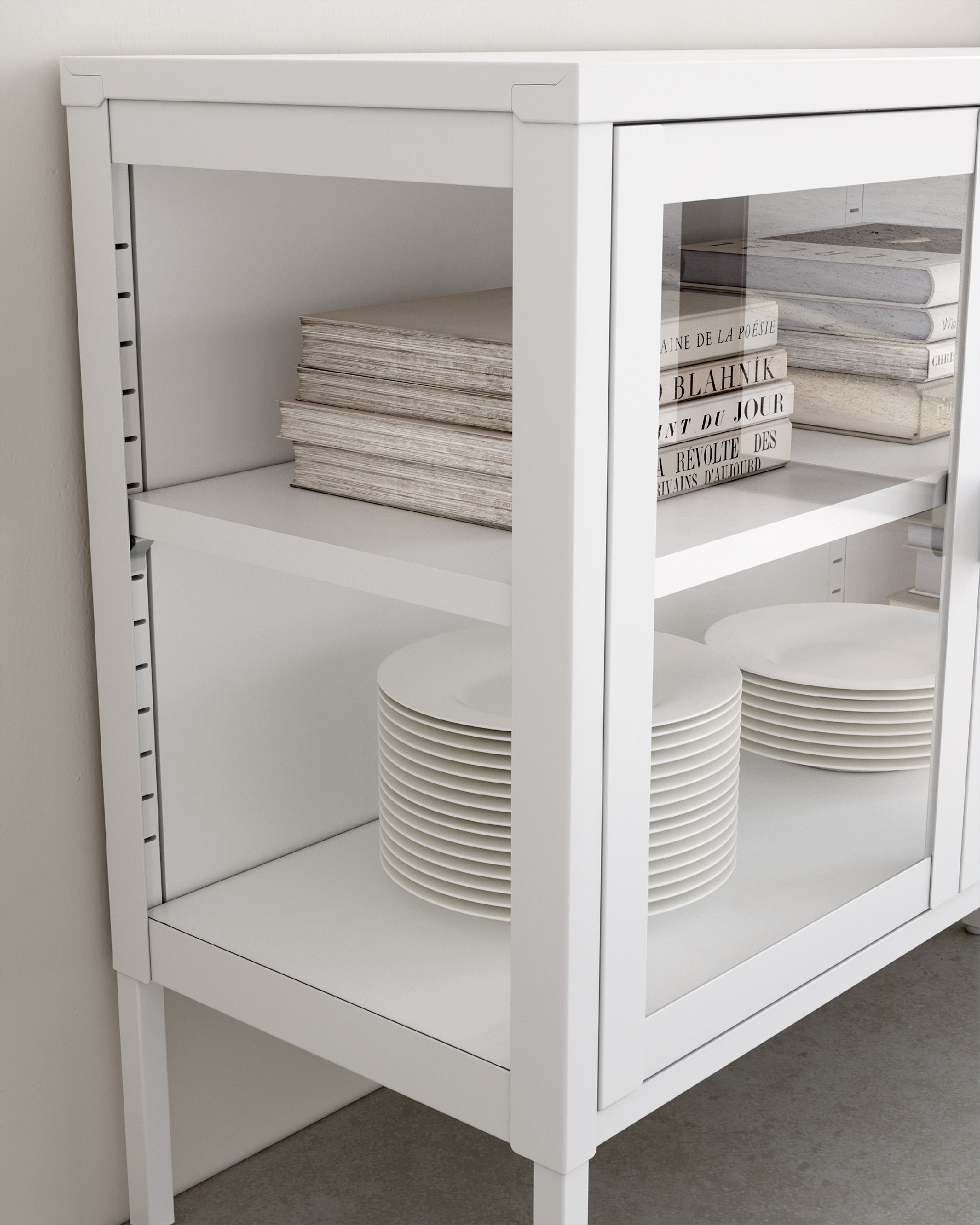 Titania metal display cabinet with 4 glass doors, cream lacquered, 150 x 70 x 35 cm