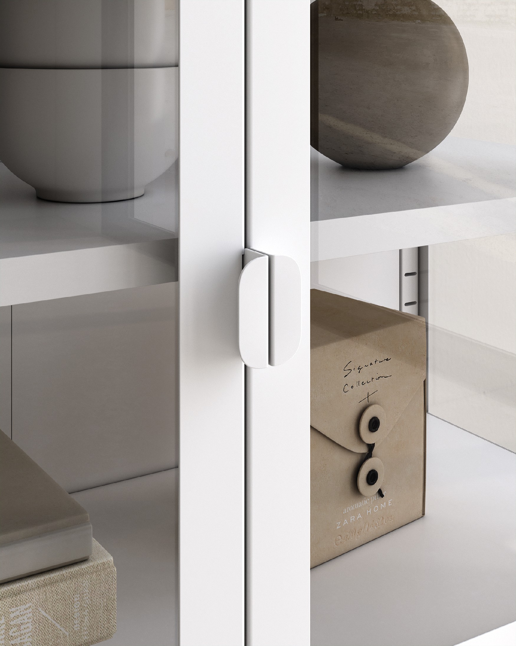 Titania metal display cabinet with 4 glass doors, cream lacquered, 150 x 70 x 35 cm