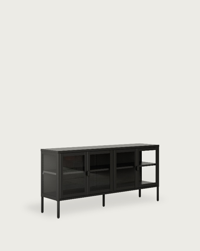 Aparador Titania metálico con 4 puertas de cristal lacado en negro 150 x 70 x 35 cm