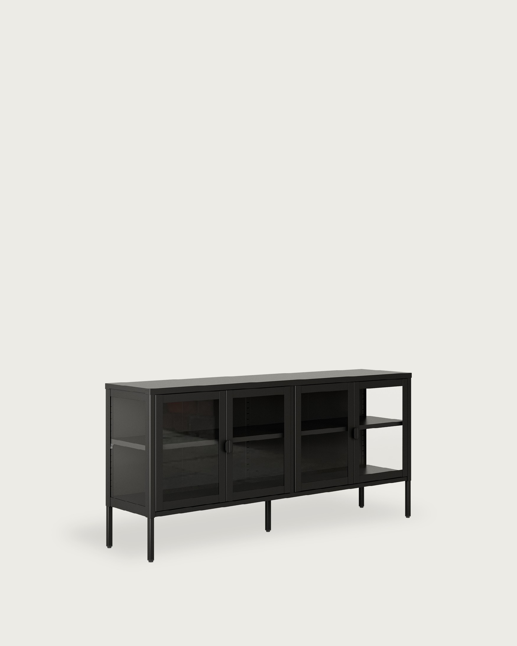 Titania metal display cabinet with 4 glass doors, lacquered in black, 150 x 70 x 35 cm