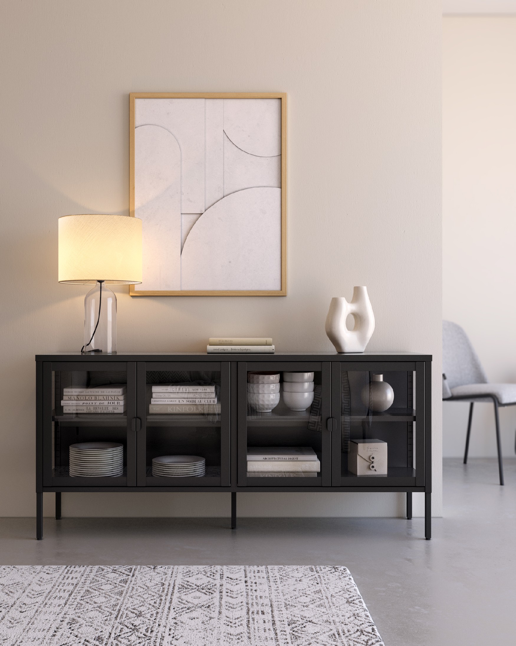 Titania metal display cabinet with 4 glass doors, lacquered in black, 150 x 70 x 35 cm