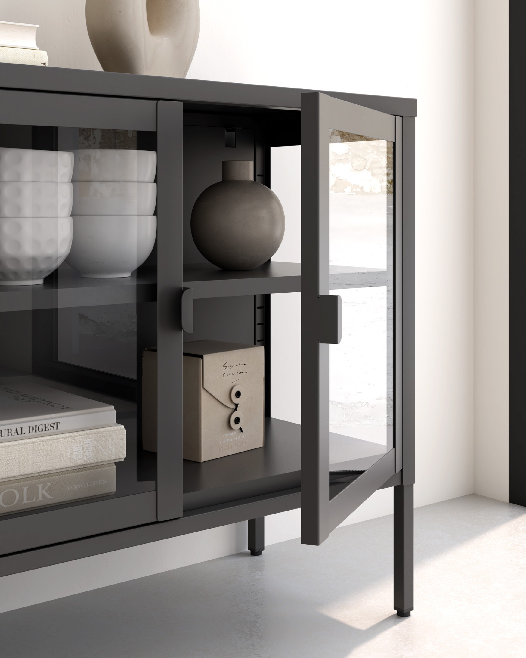 Titania metal display cabinet with 4 glass doors, lacquered in black, 150 x 70 x 35 cm