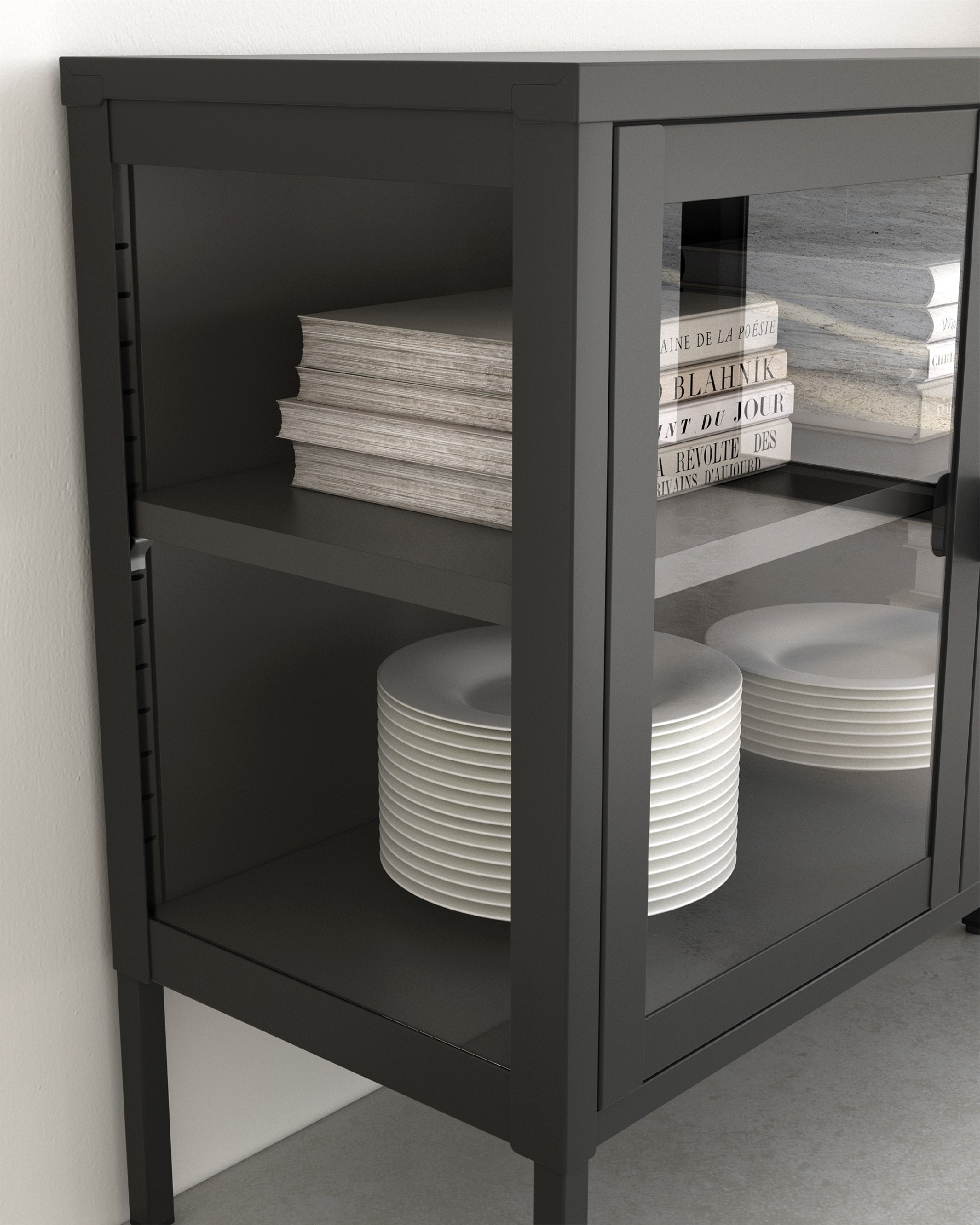 Titania metal display cabinet with 4 glass doors, lacquered in black, 150 x 70 x 35 cm