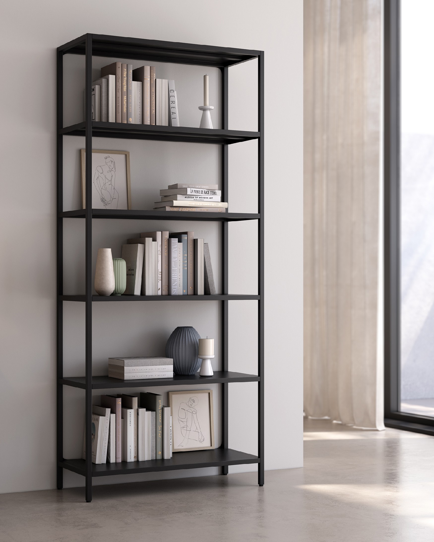 Titania metal shelf finished in black 80 x 185 x 35 cm