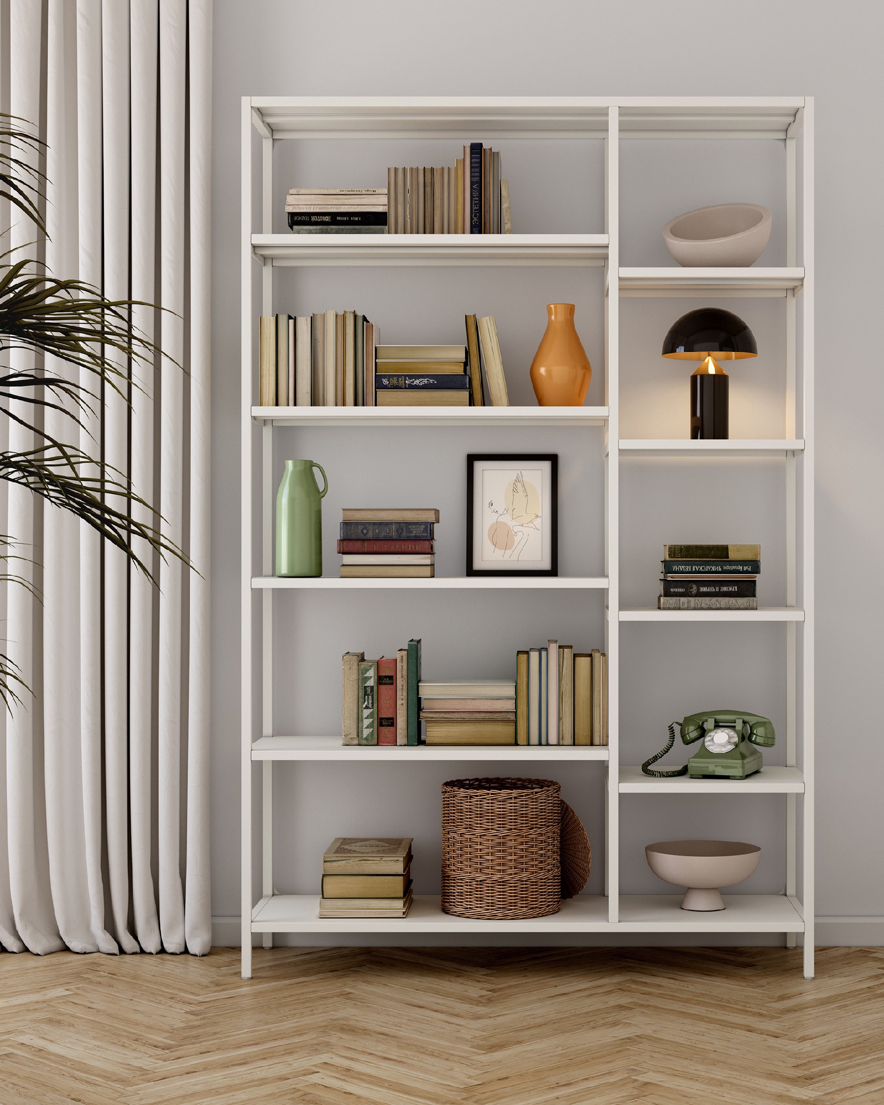 Titania metal shelving lacquered in cream 120 x 185 x 35 cm