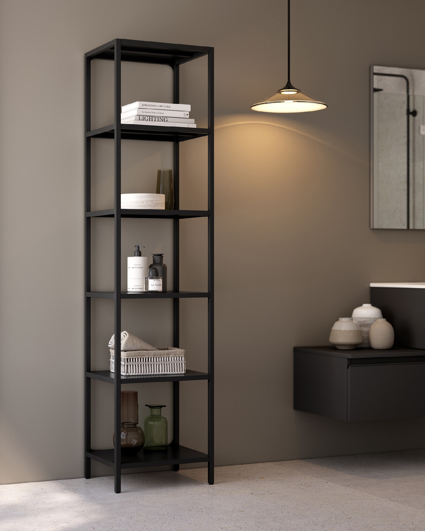 Titania metal shelf painted in black 45 x 185 x 35 cm