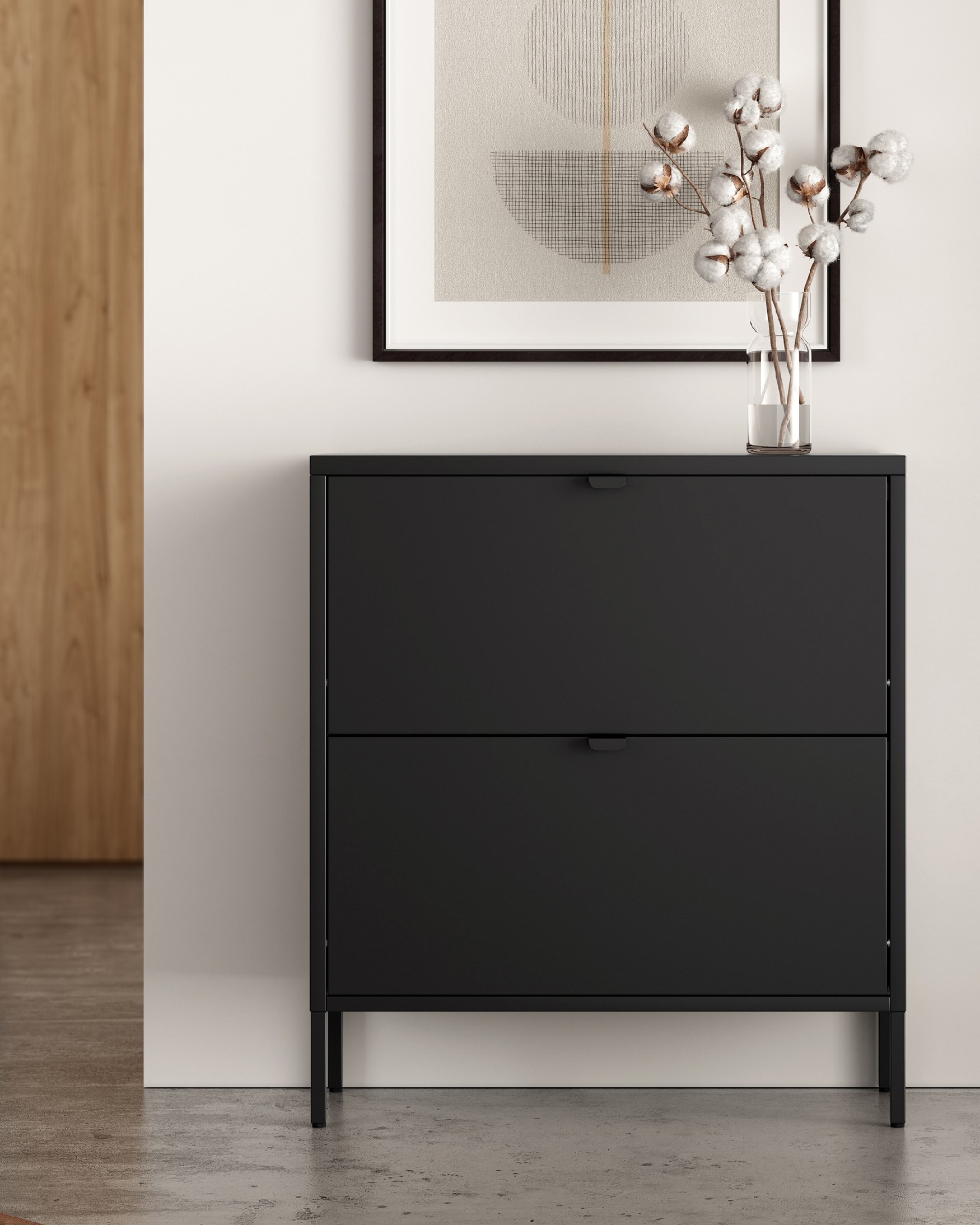 Titania metal shoe cabinet lacquered in black 2 doors 80 x 26 x 89.5 cm
