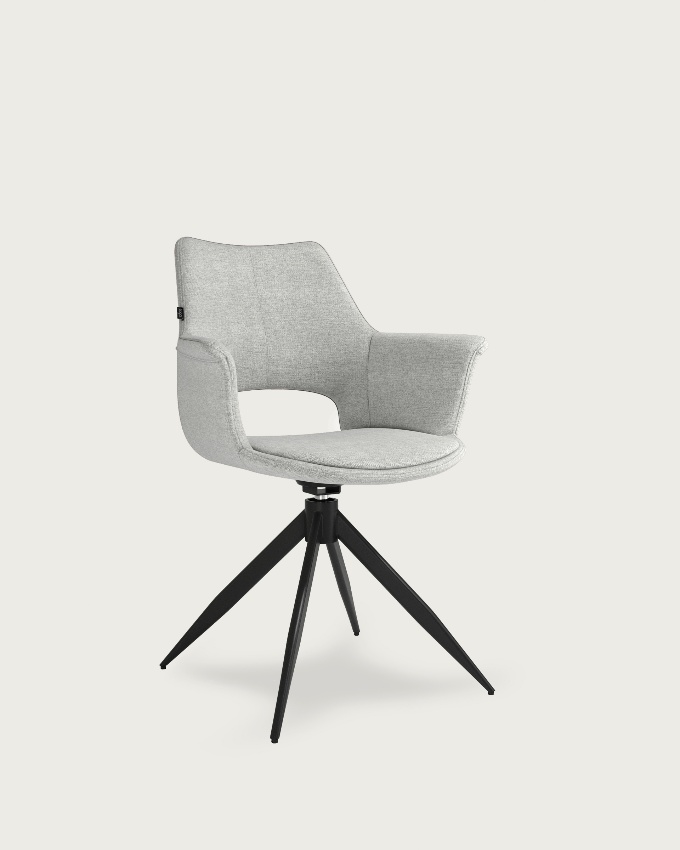 Silla Toronto con tapizado gris claro y patas metálicas negras, giratoria 360°