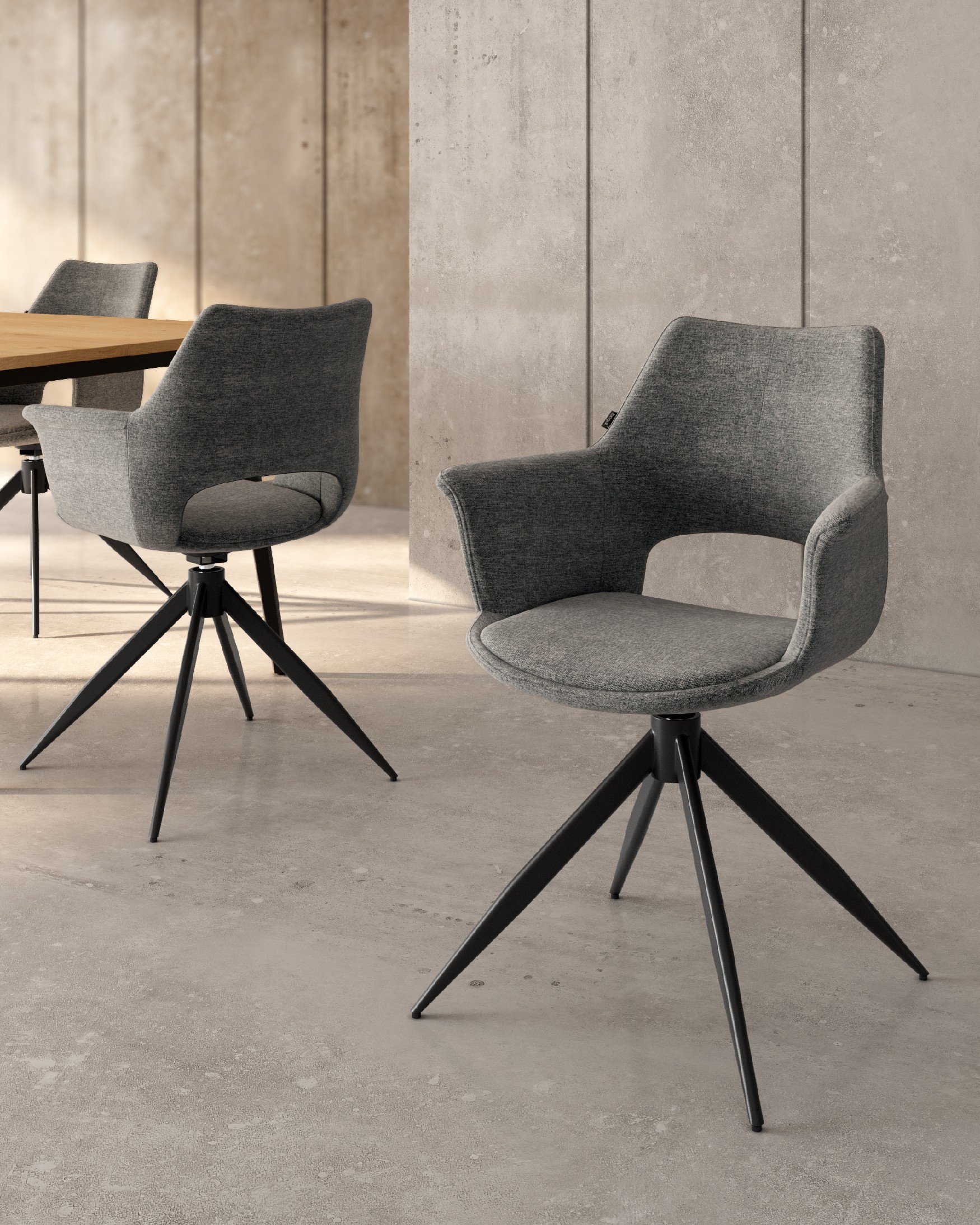 Toronto chair with gray upholstery and black metal legs, 360° swivel