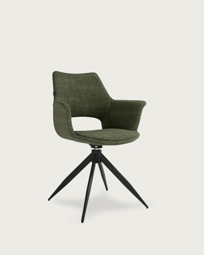 Silla Toronto con tapizado verde y patas metálicas negras, giratoria 360°