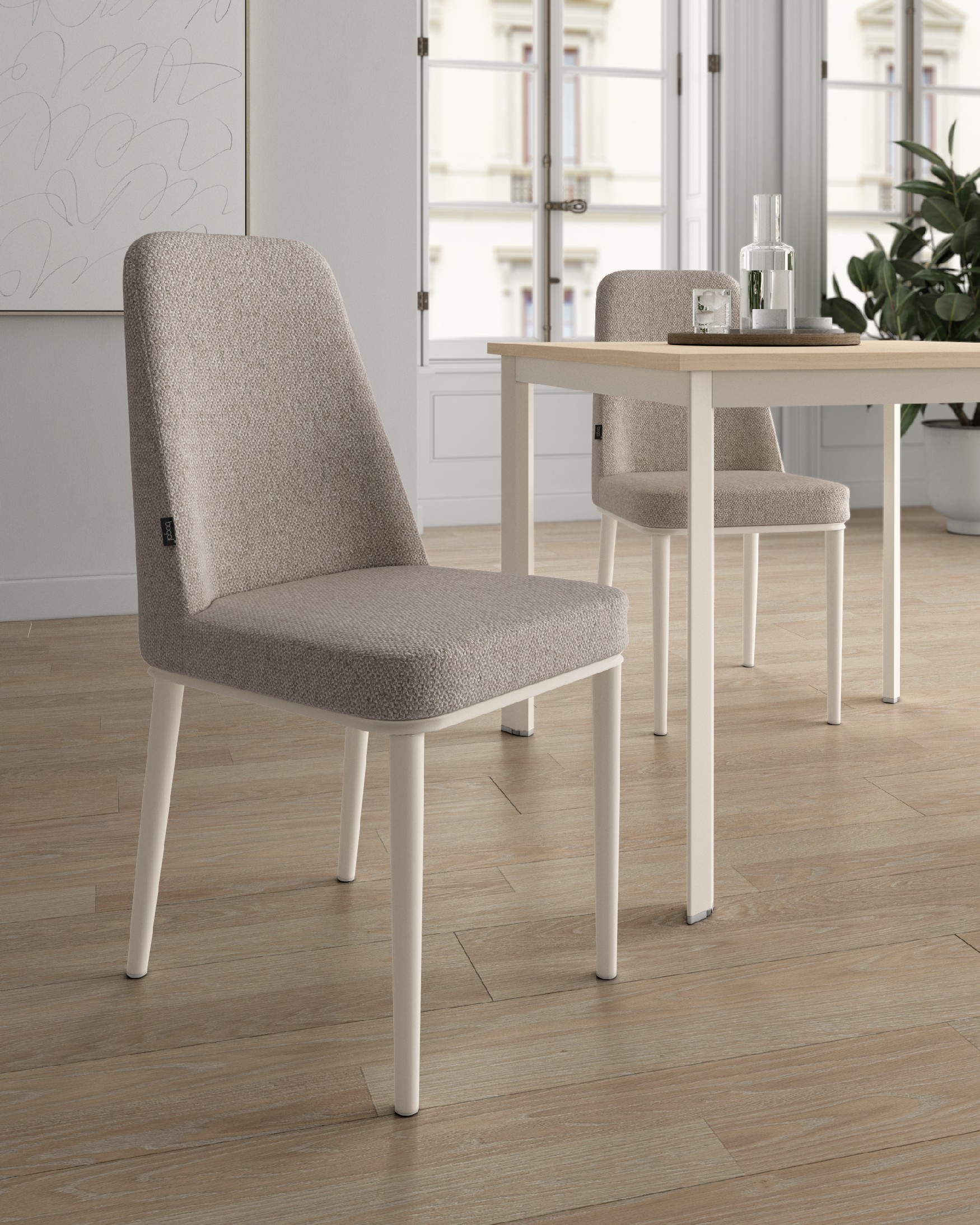 Tromso chair with brown upholstery and ivory metal legs