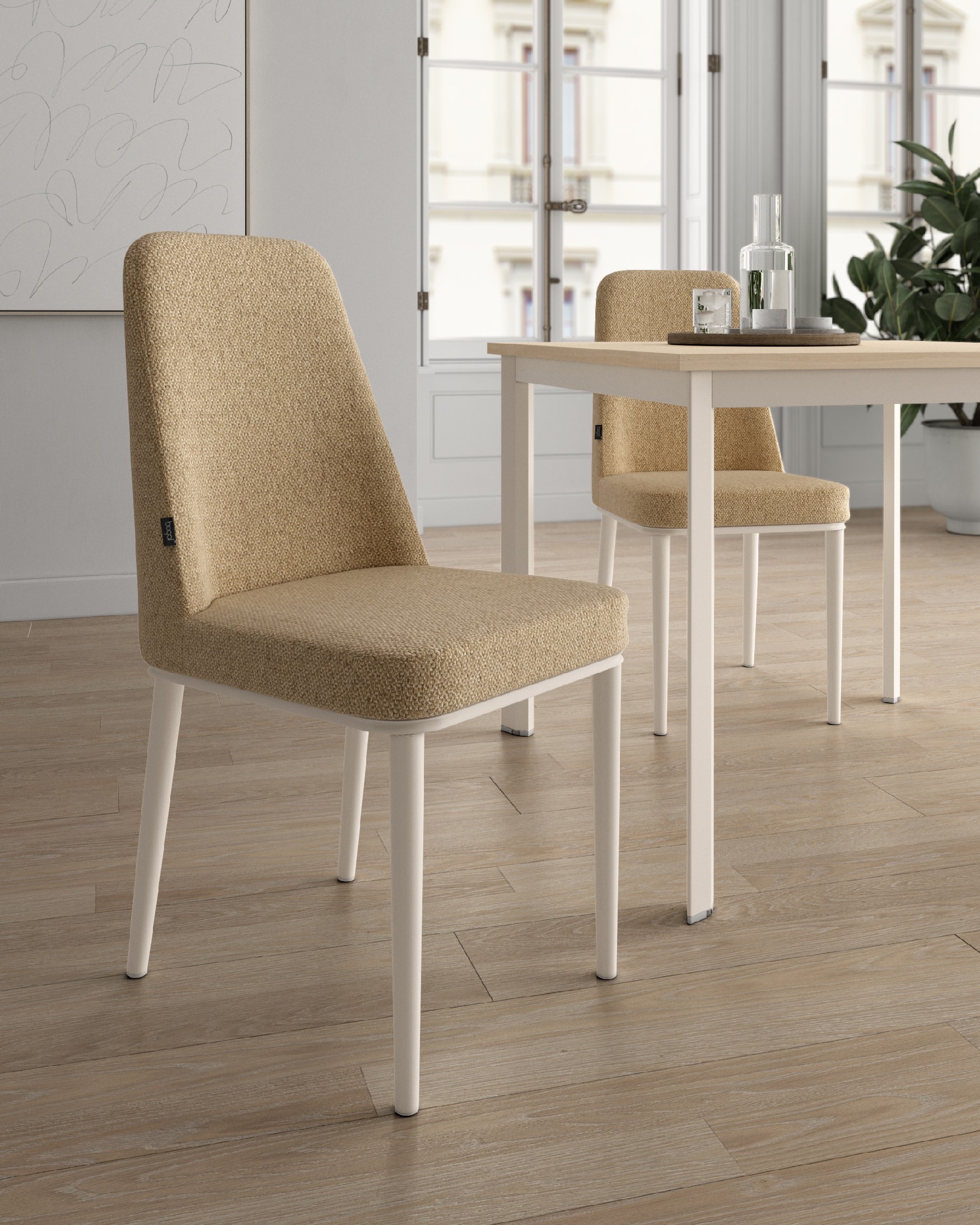 Silla Tromso con tapizado mostaza y patas metálicas marfil