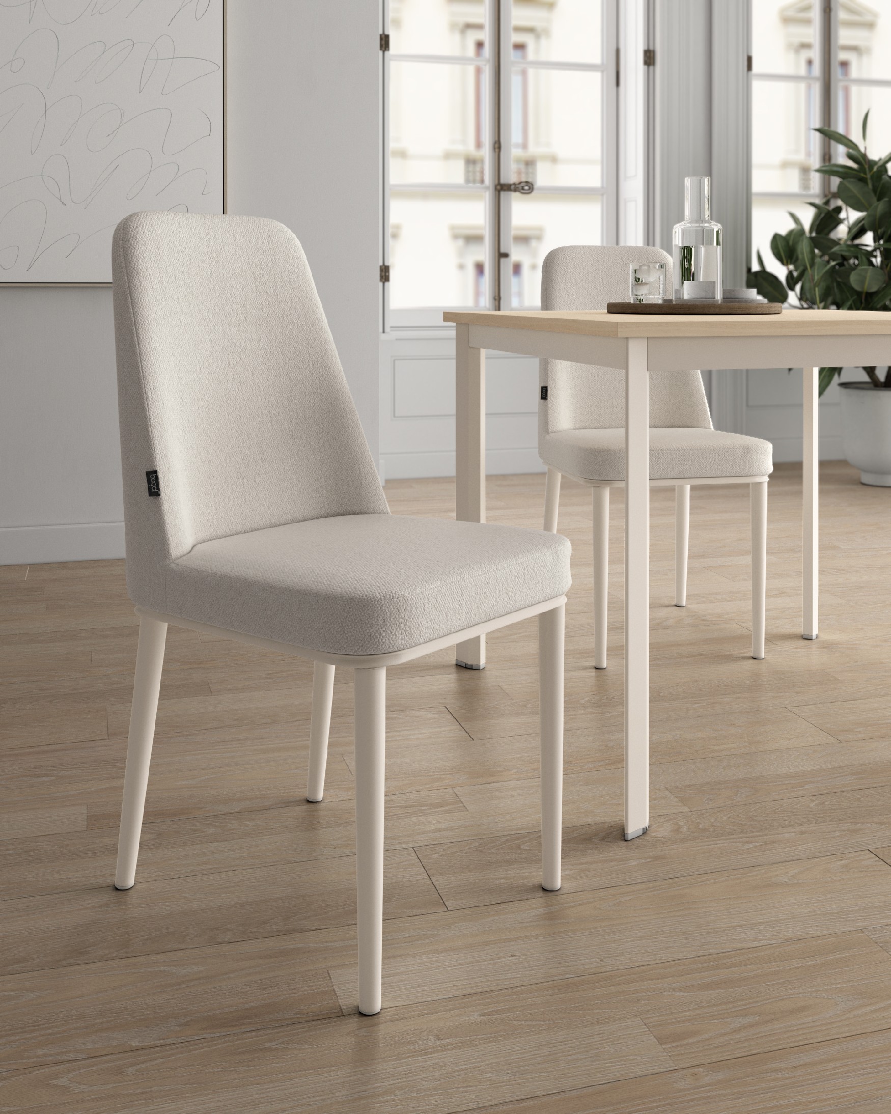 Chaise Tromso avec tapisserie en nacre et pieds métalliques ivoire