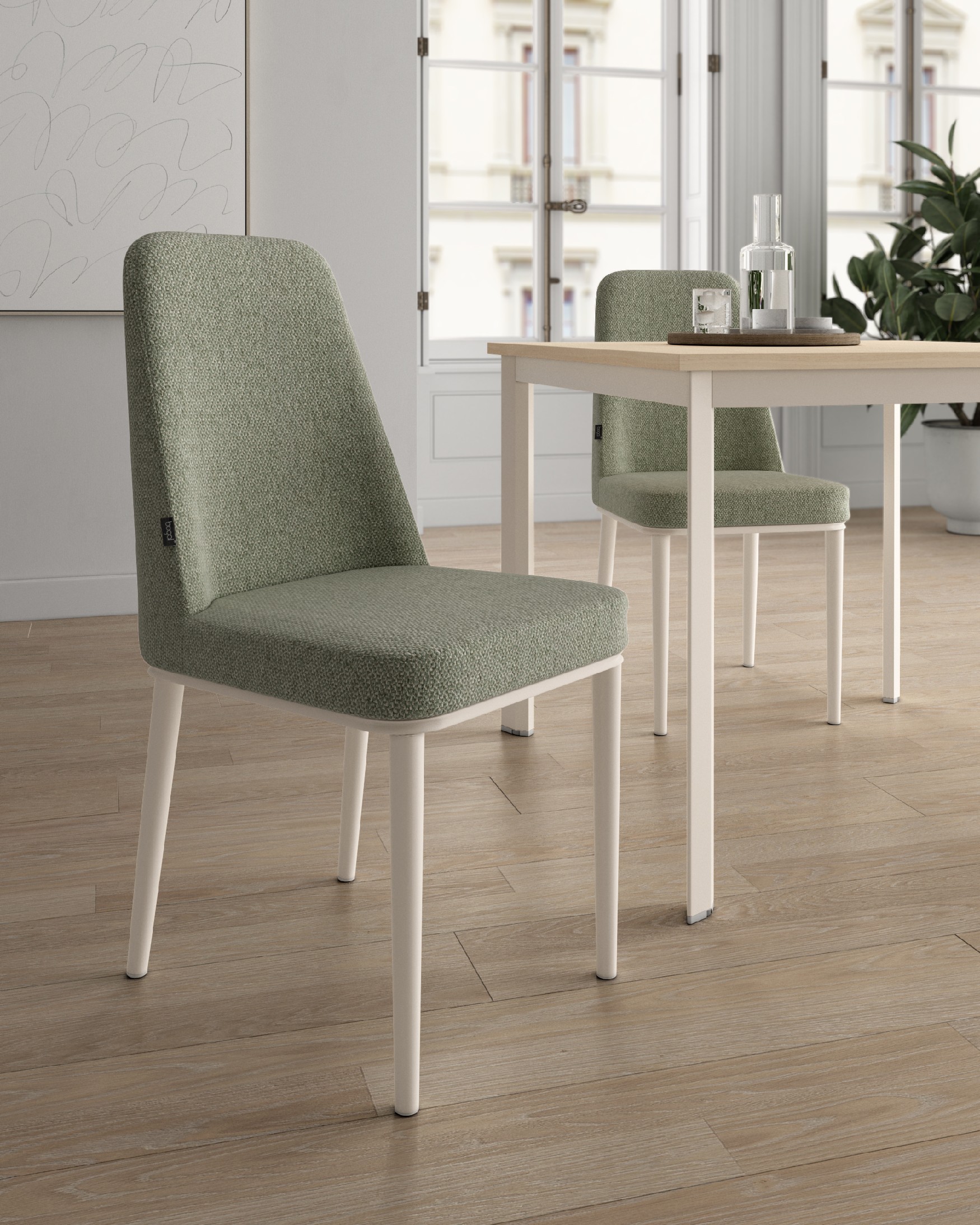 Tromso chair with green upholstery and ivory metal legs