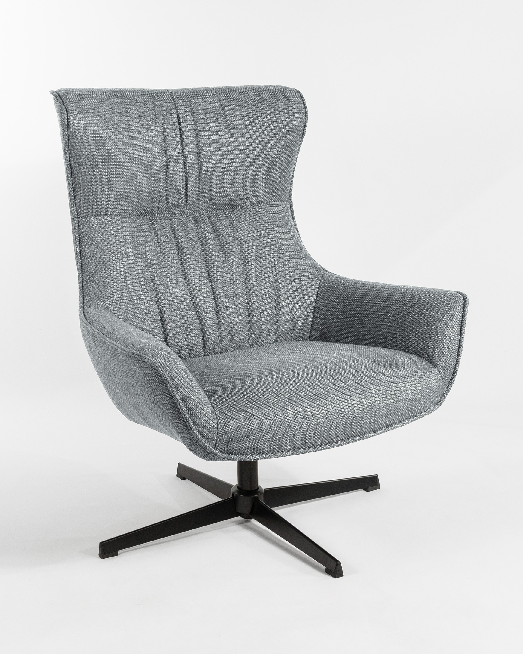 Tulip swivel armchair with gray upholstery and black metal legs.