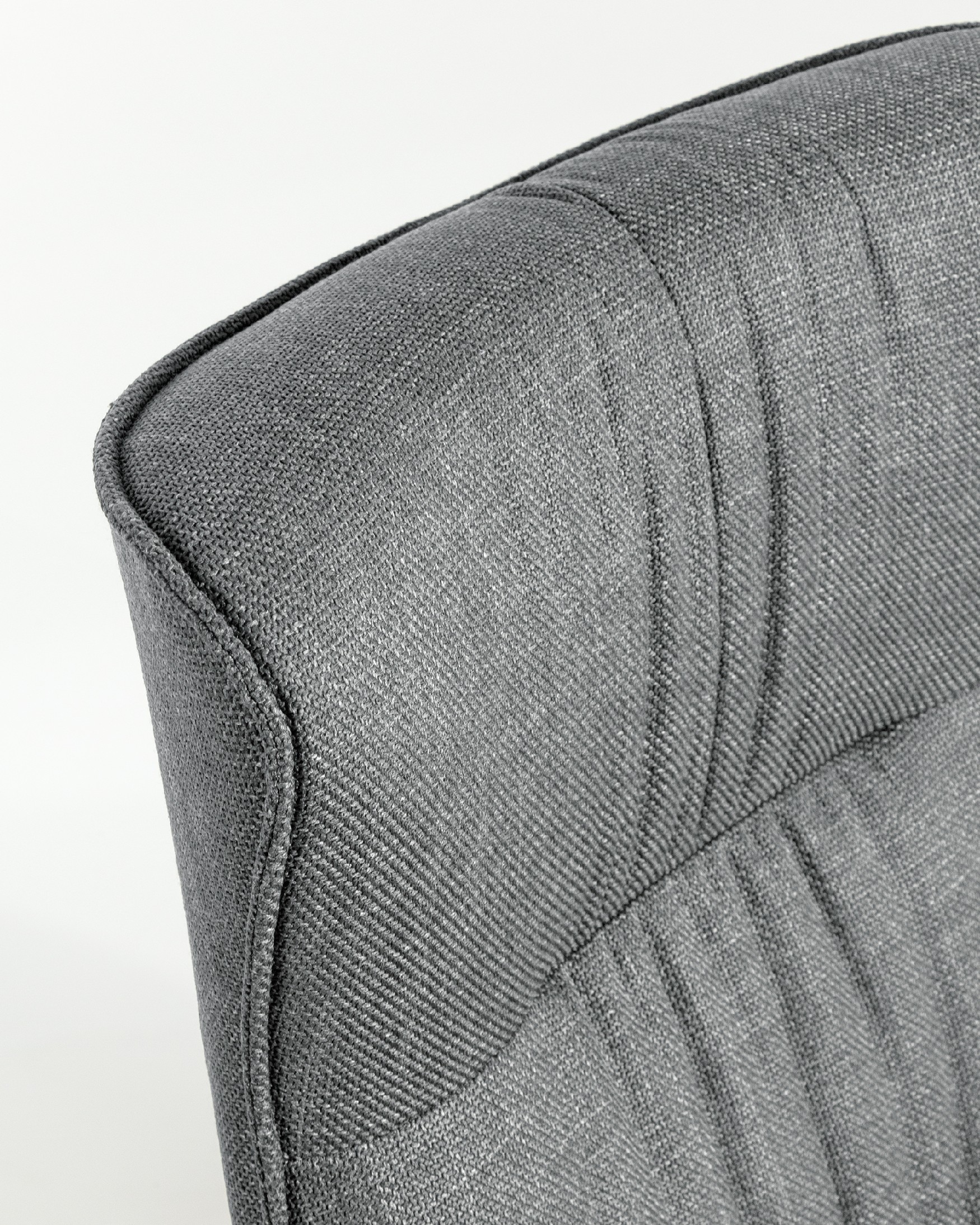 Tulip swivel armchair with gray upholstery and black metal legs.