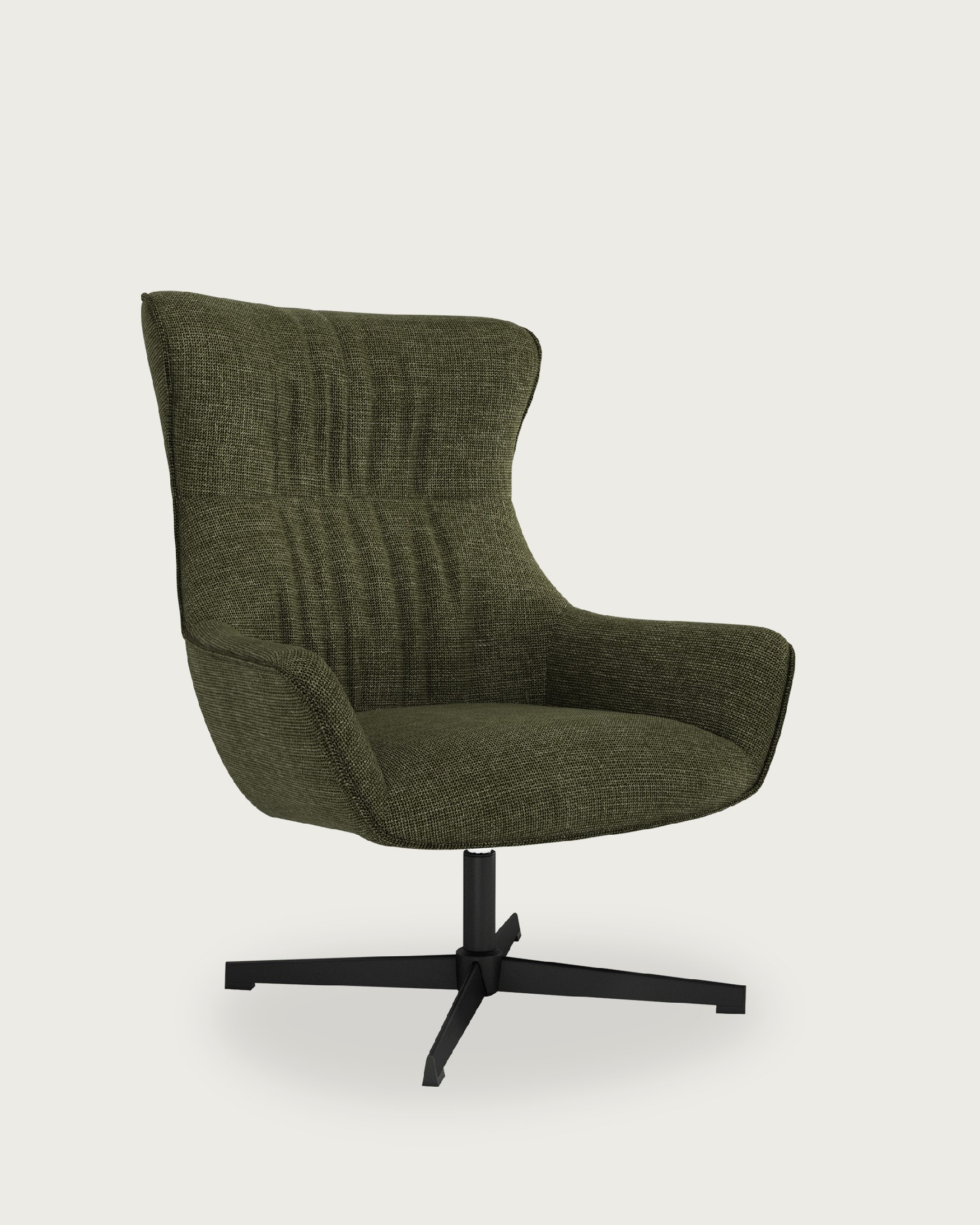 Fauteuil pivotant Tulipan avec rembourrage gris et pieds en métal noirs.